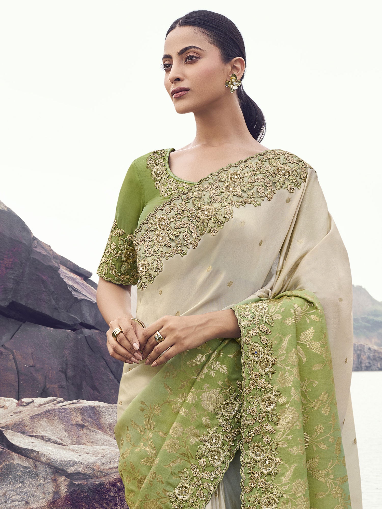 Green And Beige Shaded Saree In Mirror Work