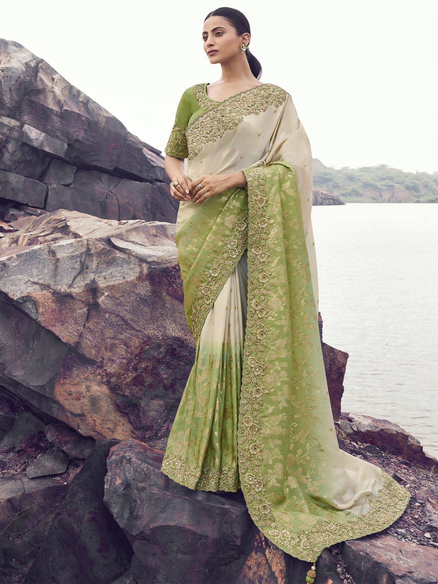 Green And Beige Shaded Saree In Mirror Work