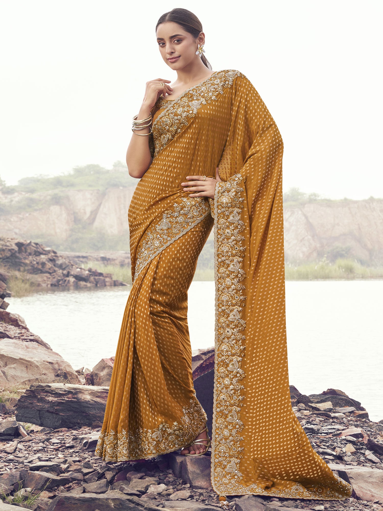 Yellow Stone Work Wedding Saree In Satin Silk