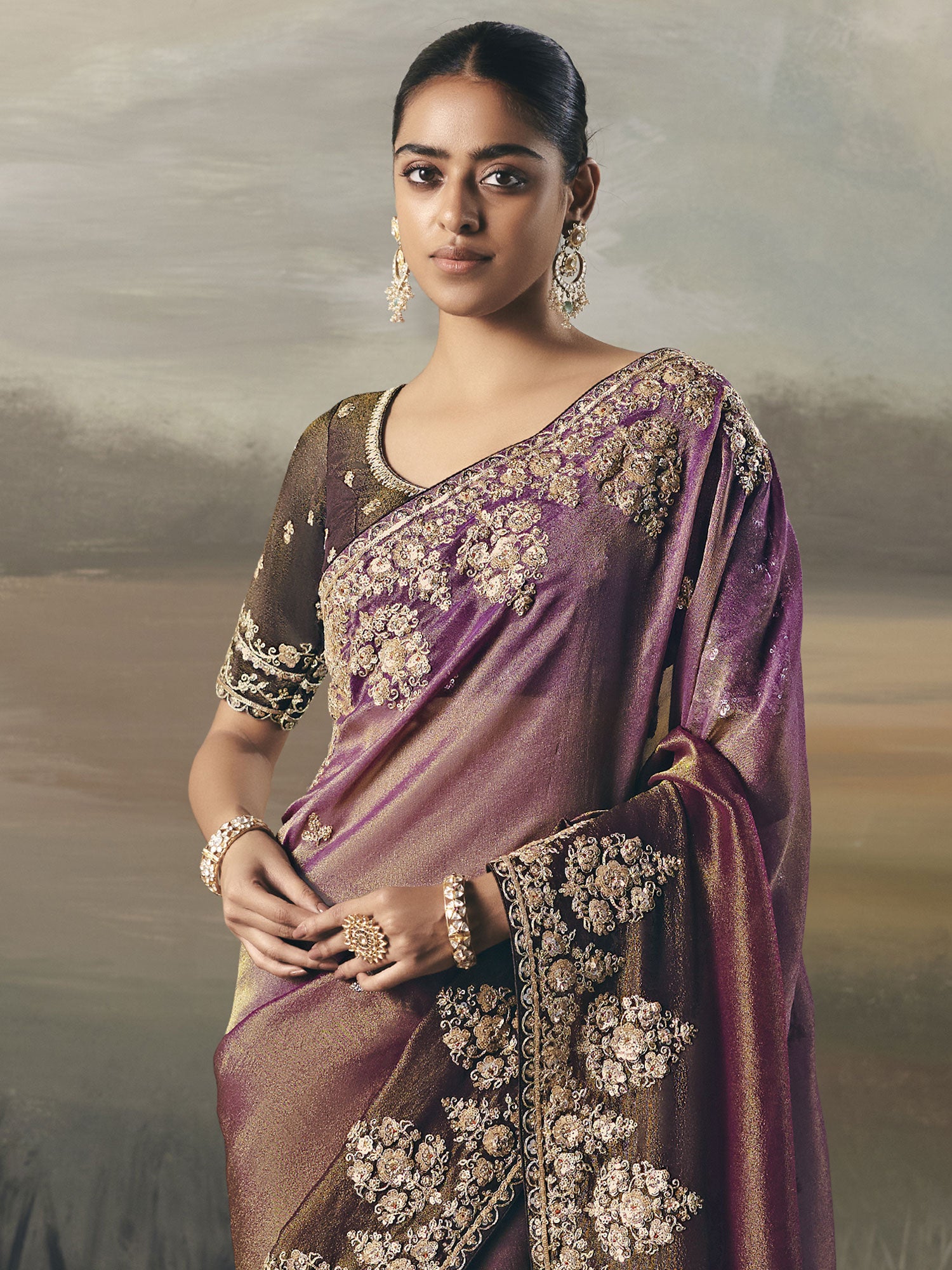 Mauve And Brown Ombre Shaded Saree With Blouse