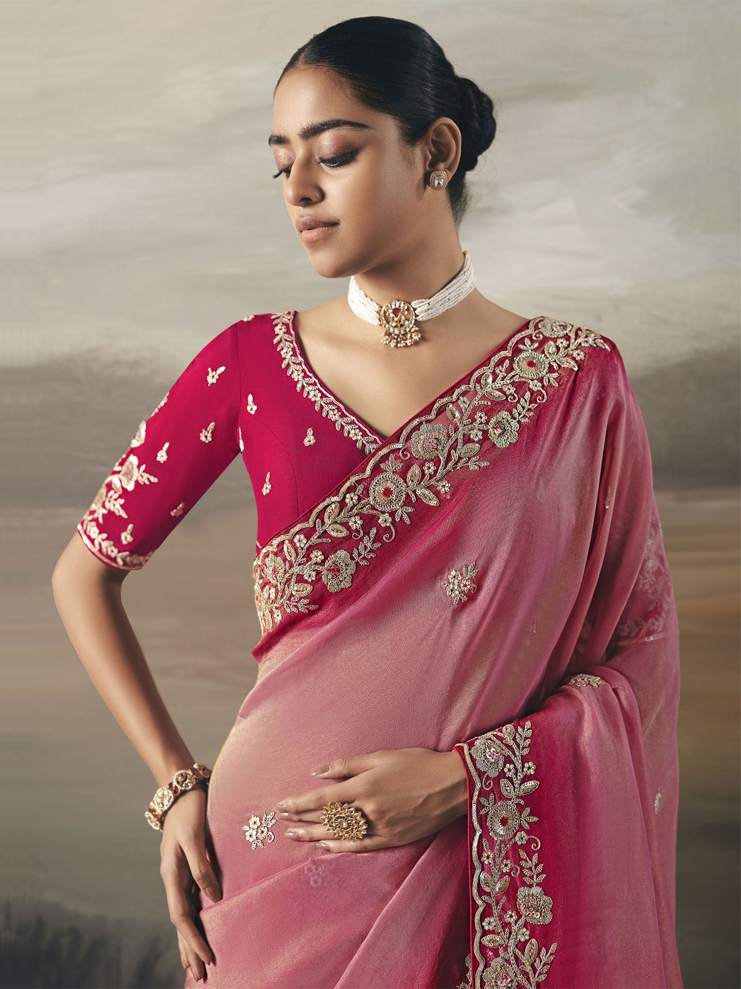 Pink Wedding Wear Saree With Embroidered Blouse