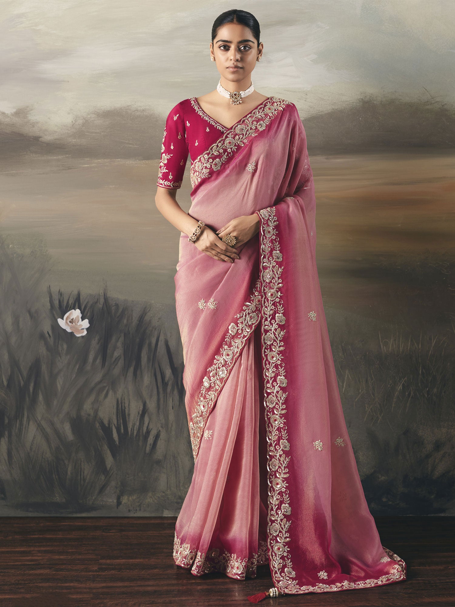 Pink Wedding Wear Saree With Embroidered Blouse