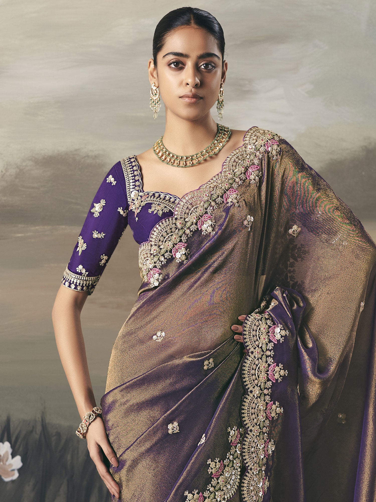 Brown Silk Saree With Floral Embroidered Borders