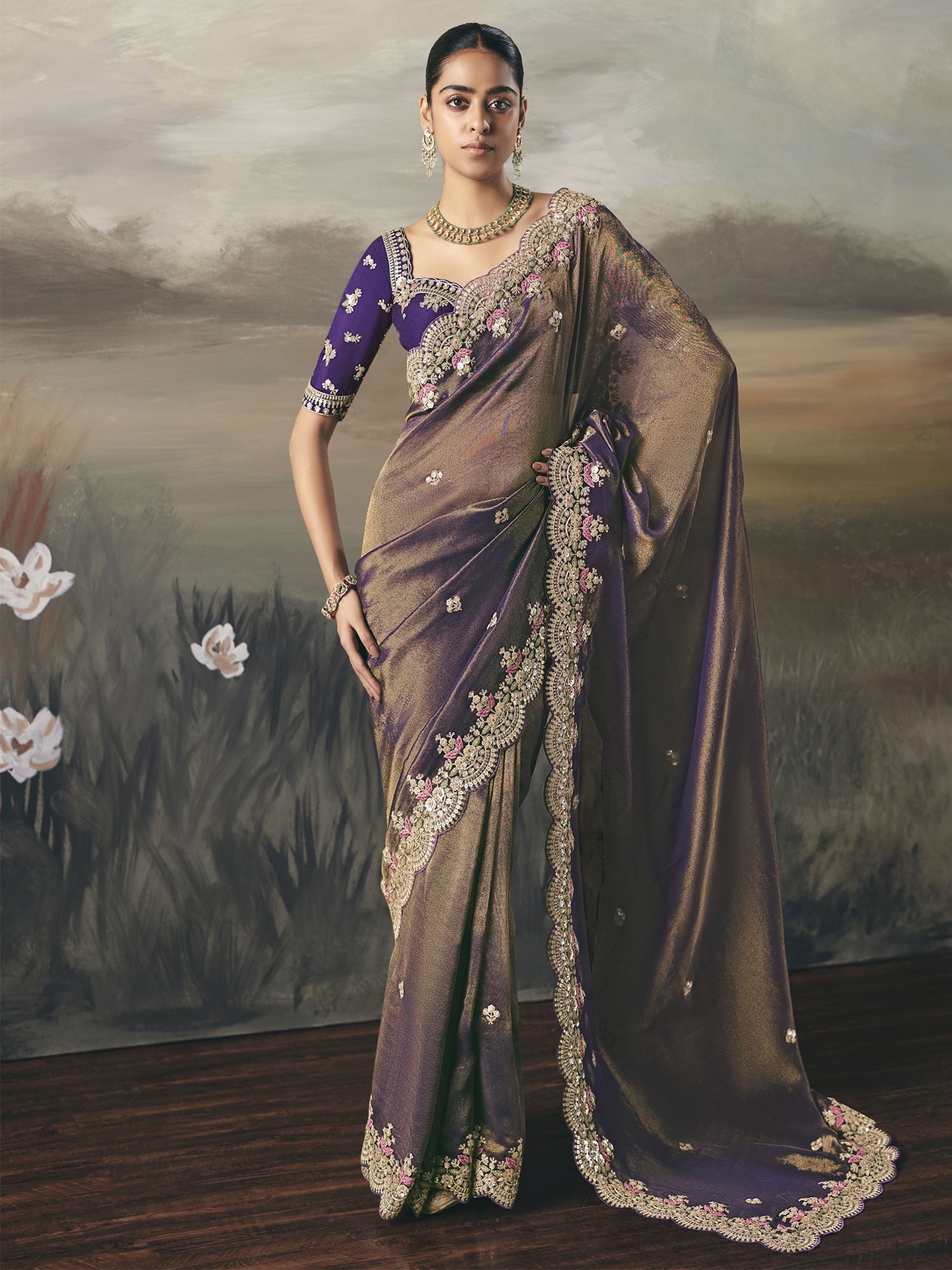 Brown Silk Saree With Floral Embroidered Borders