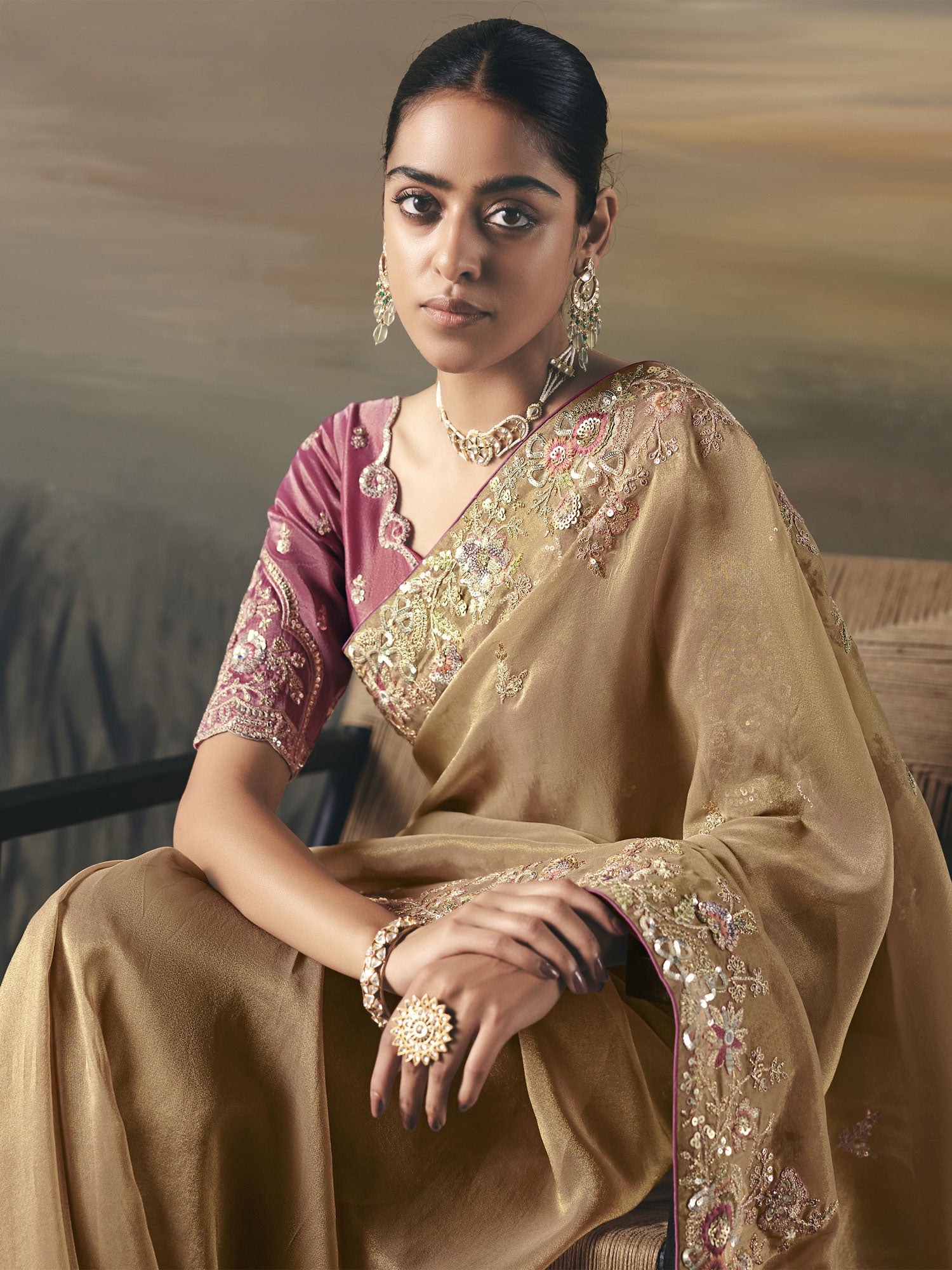 Beige Bridesmaid Saree In Silk With Floral Embroidery