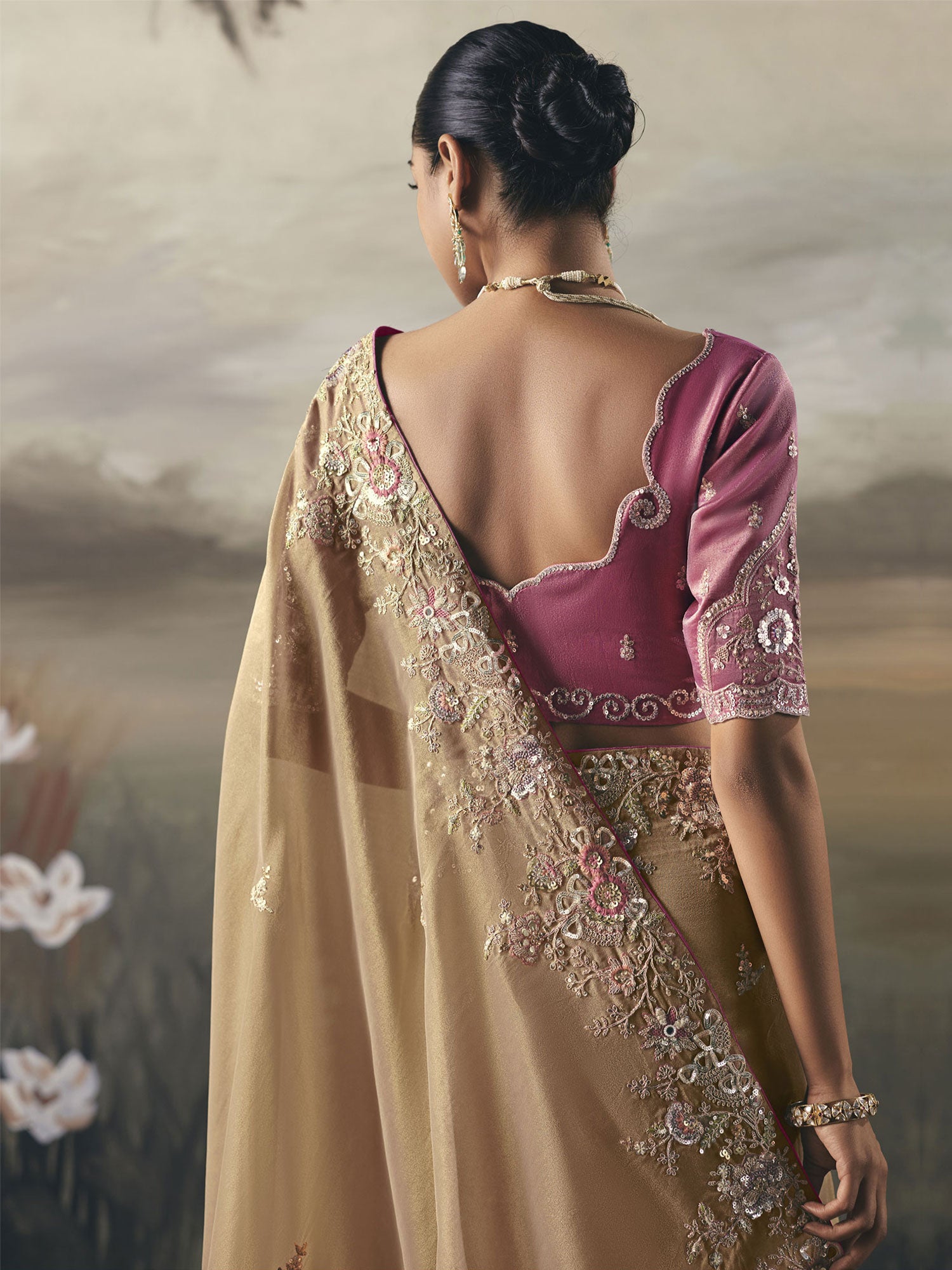 Beige Bridesmaid Saree In Silk With Floral Embroidery