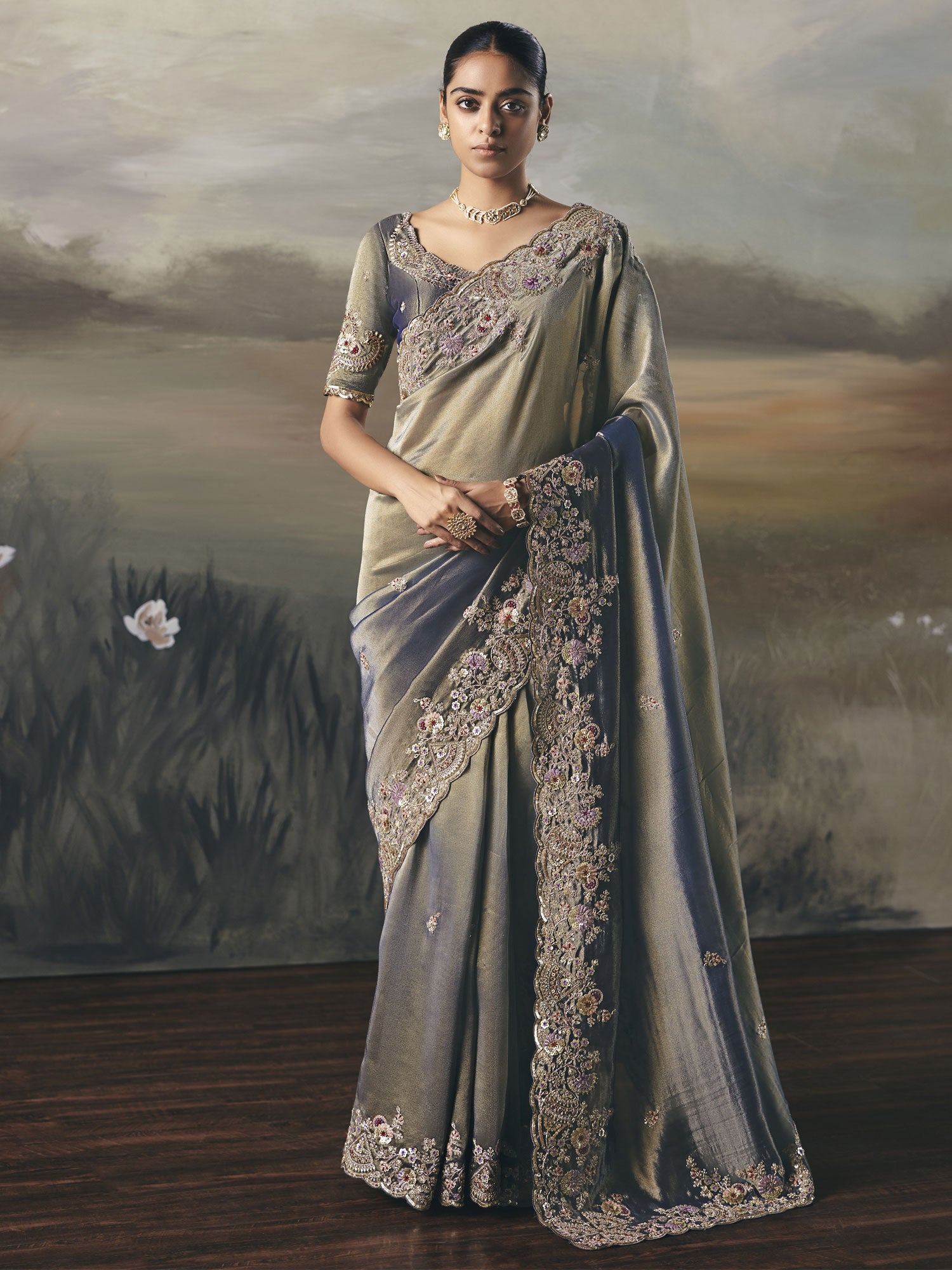 Grey Silk Saree With Floral Work Embellishments