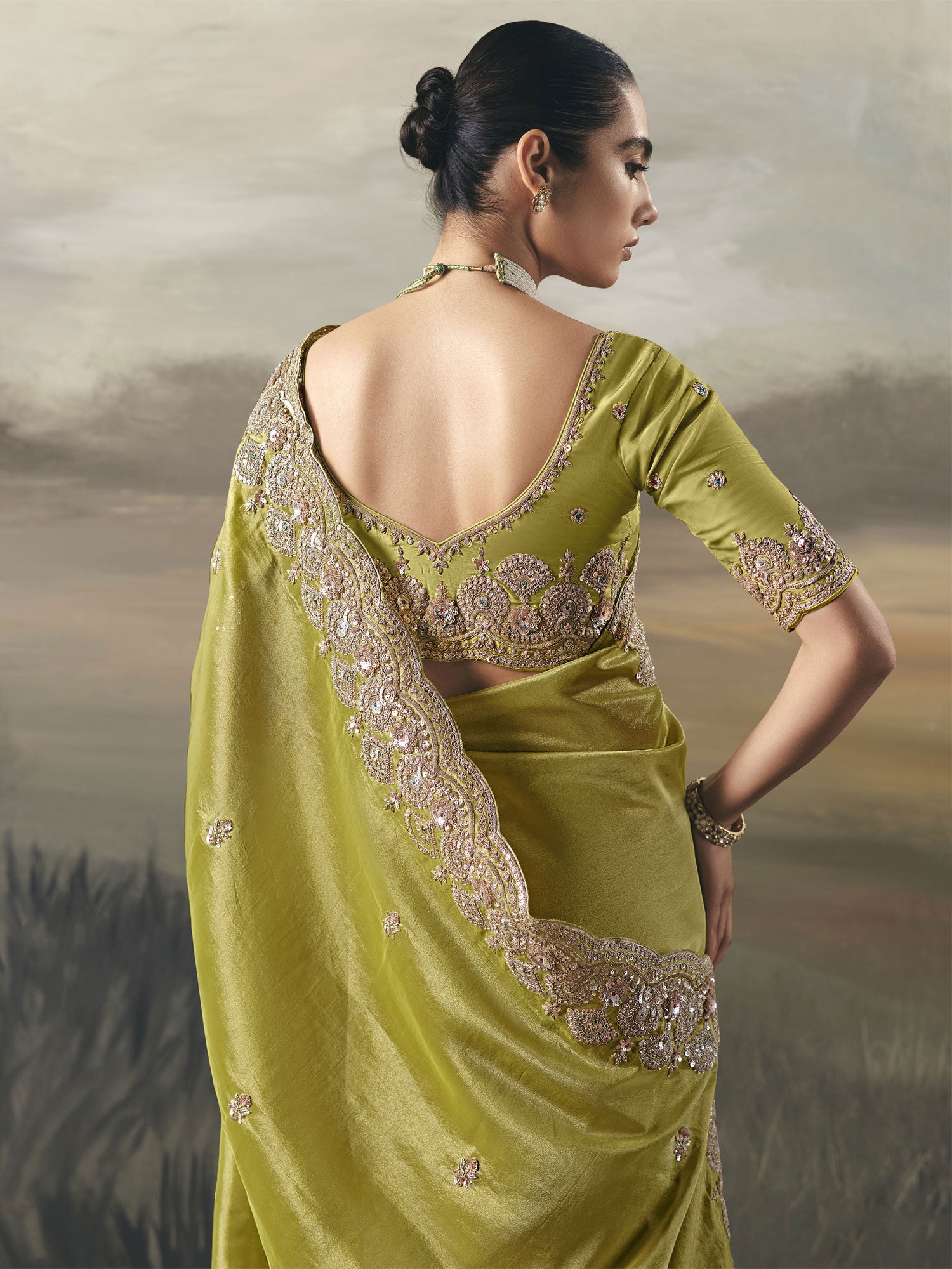 Green Zari Embroidered Wedding Saree With Blouse