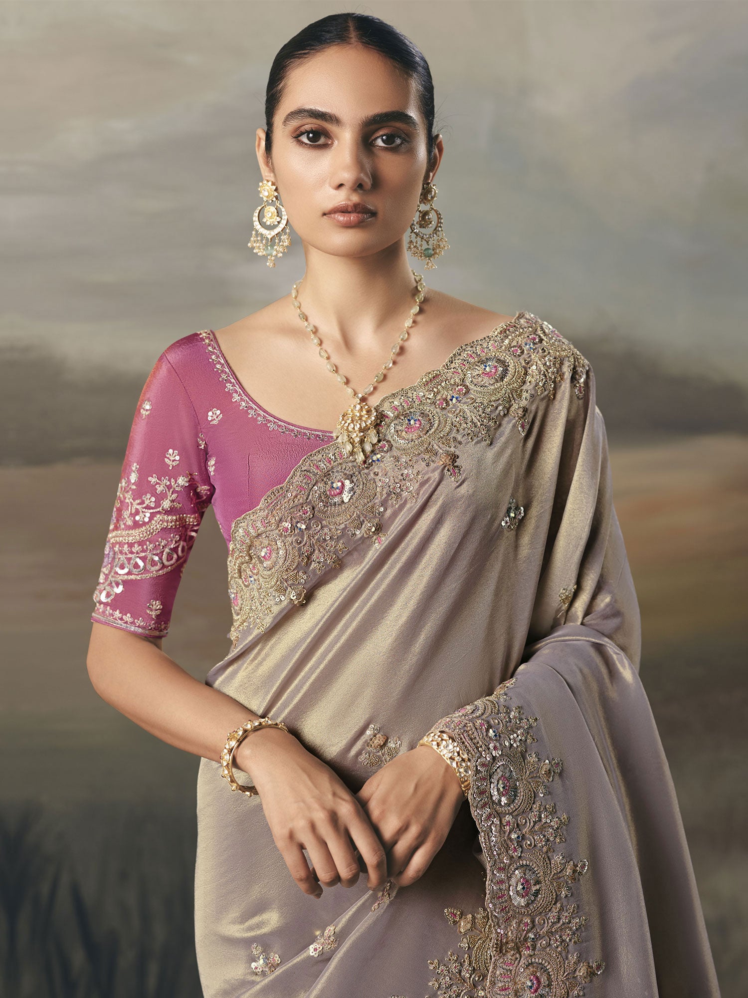 Silver Sequins Work Cocktail Saree In Tissue Silk