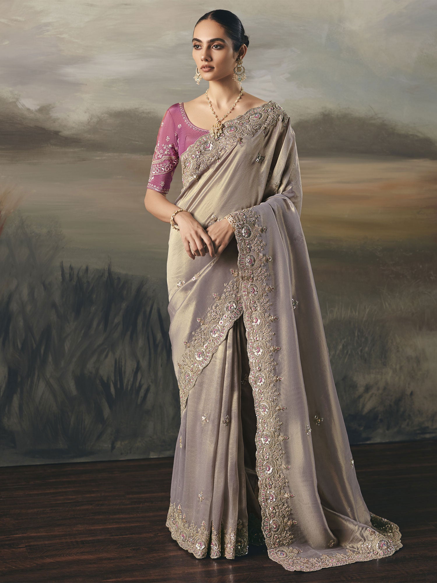 Silver Sequins Work Cocktail Saree In Tissue Silk