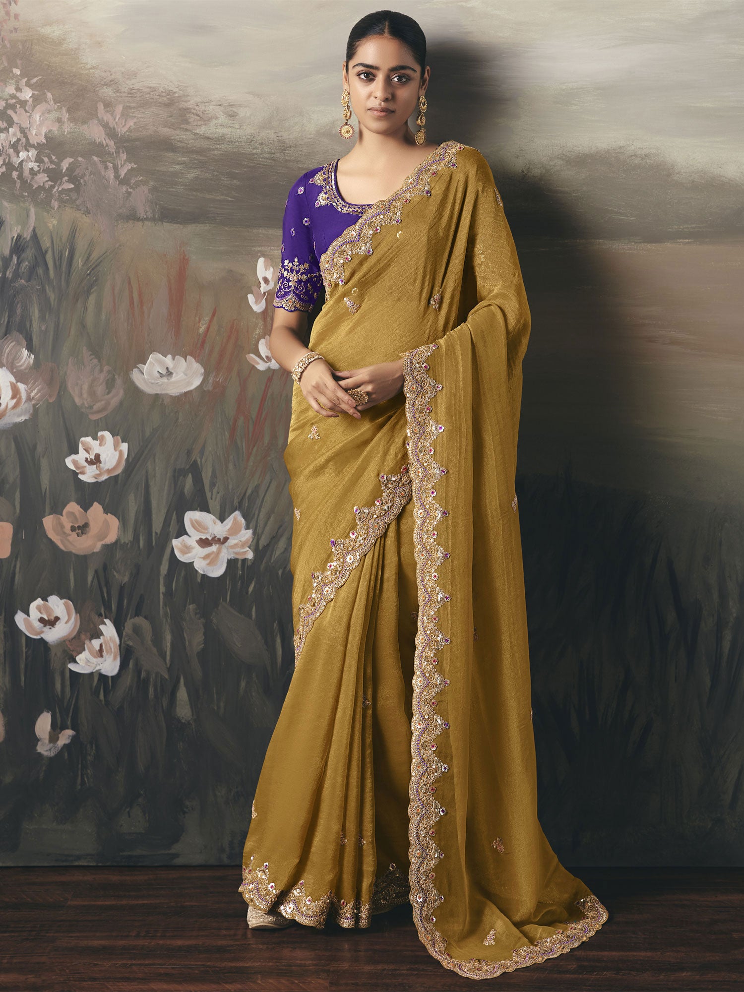 Yellow Floral Zari Embellished Silk Saree