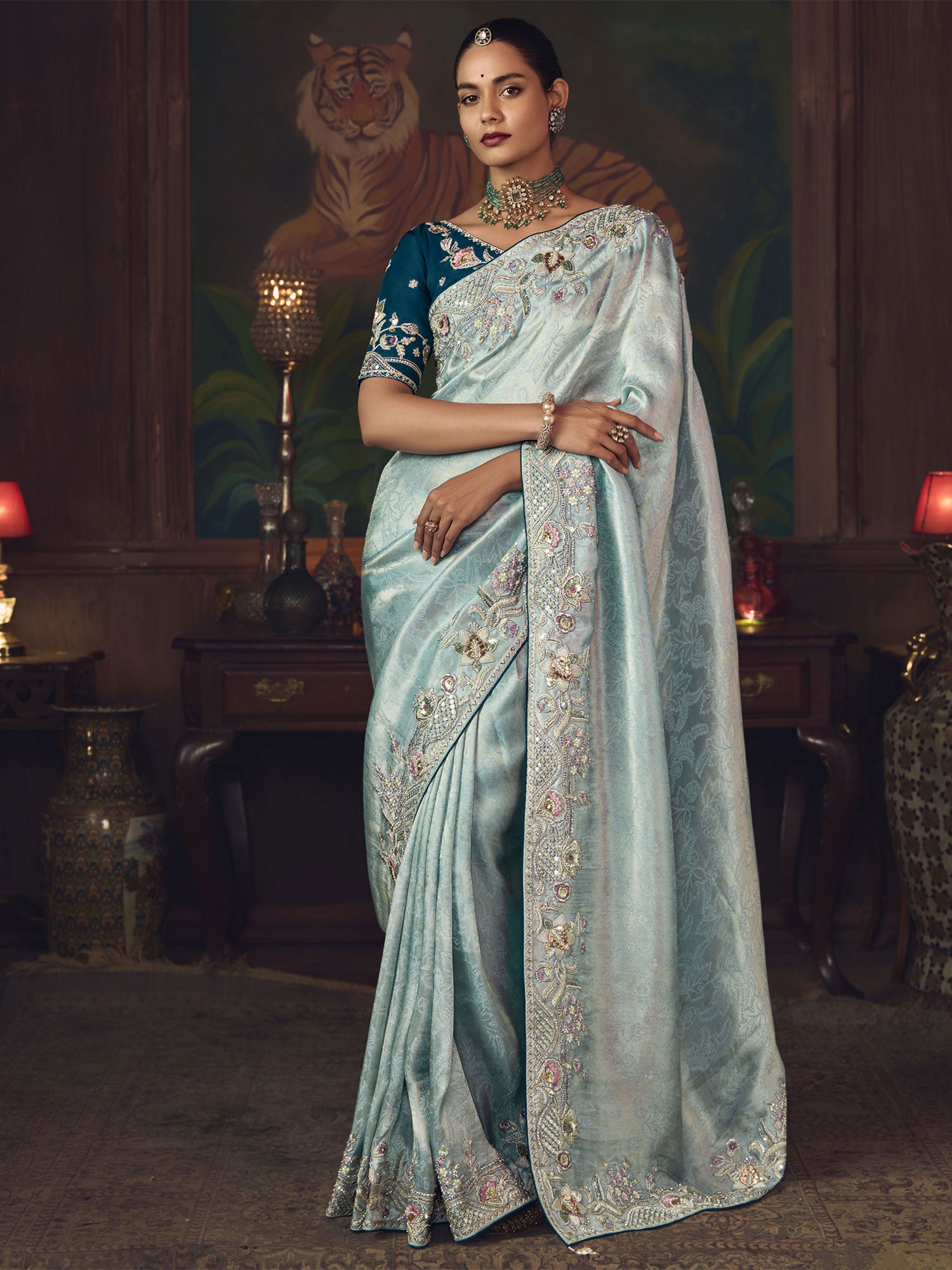 Light Blue Bridesmaid Saree In Stone Embroidery