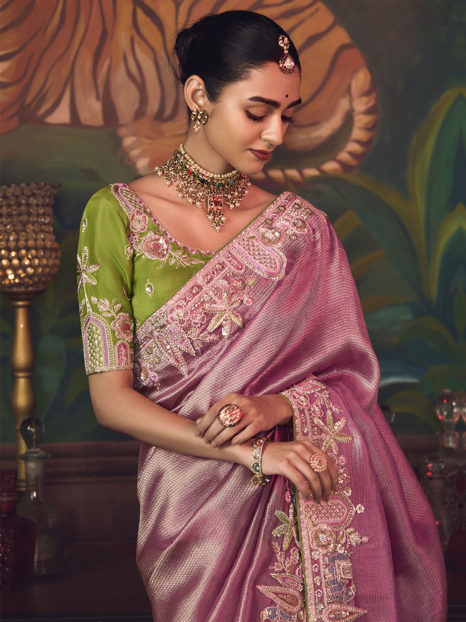 Pink Traditional Saree With Embroidered Borders