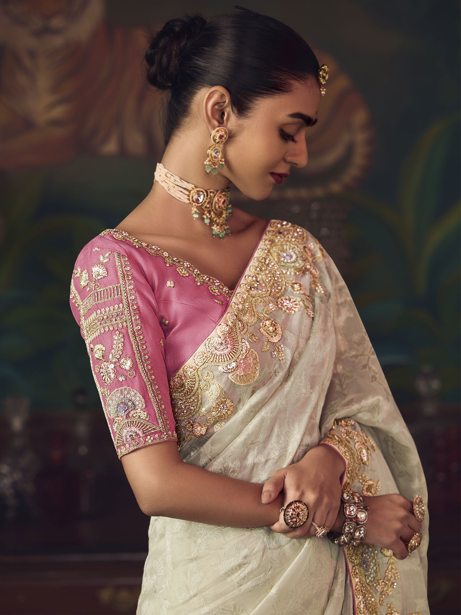 Beige Silk Saree With Stone Embroidered Borders