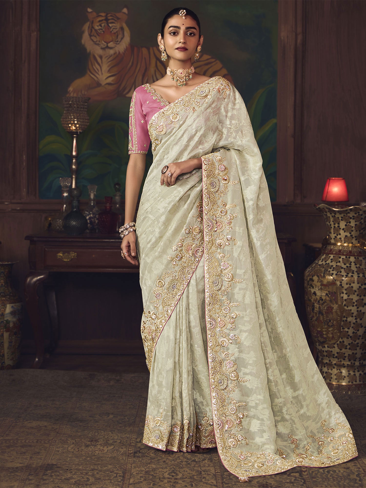 Beige Silk Saree With Stone Embroidered Borders