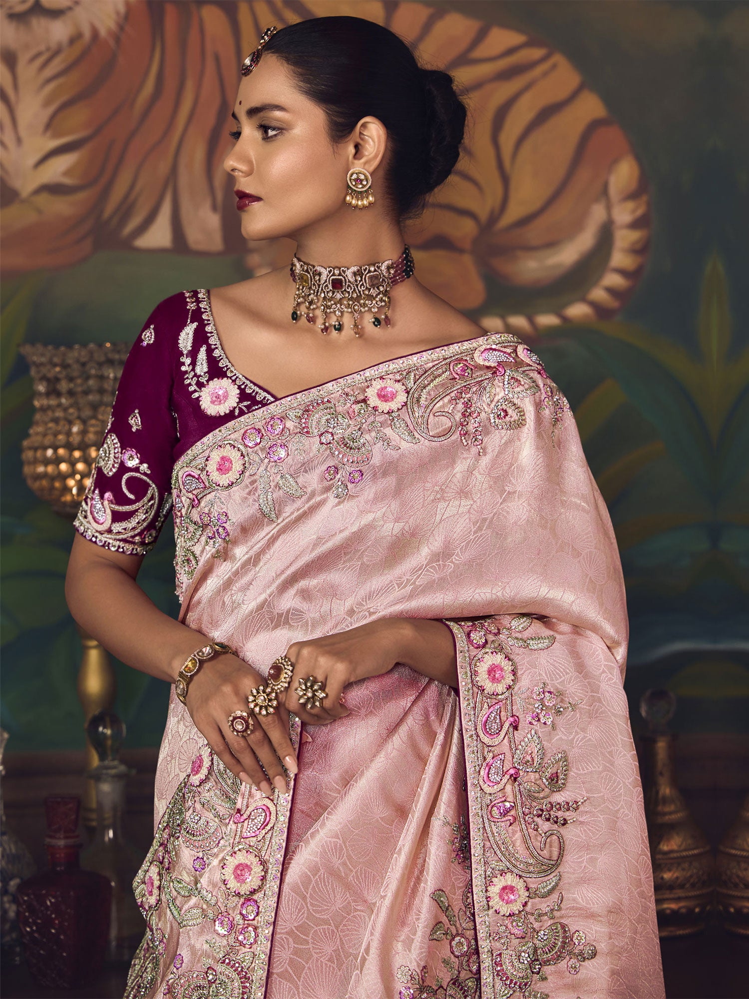 Pink Bridesmaid Saree In Heavy Floral Embellishments