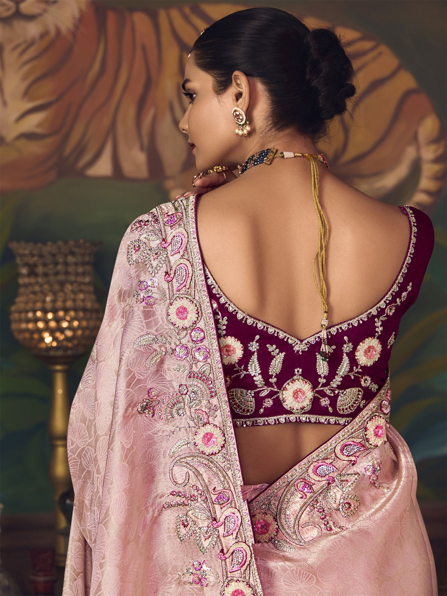 Pink Bridesmaid Saree In Heavy Floral Embellishments
