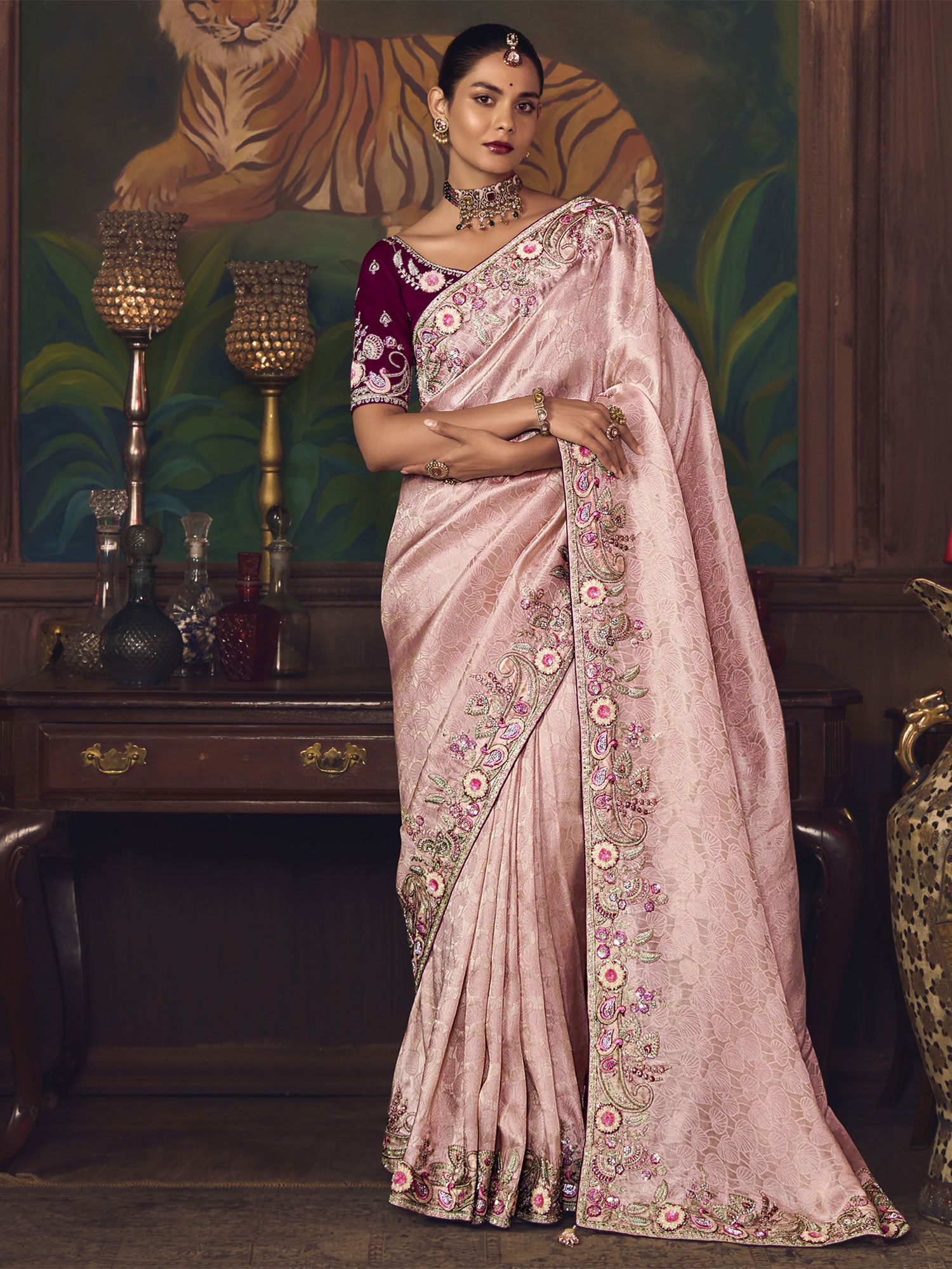 Pink Bridesmaid Saree In Heavy Floral Embellishments