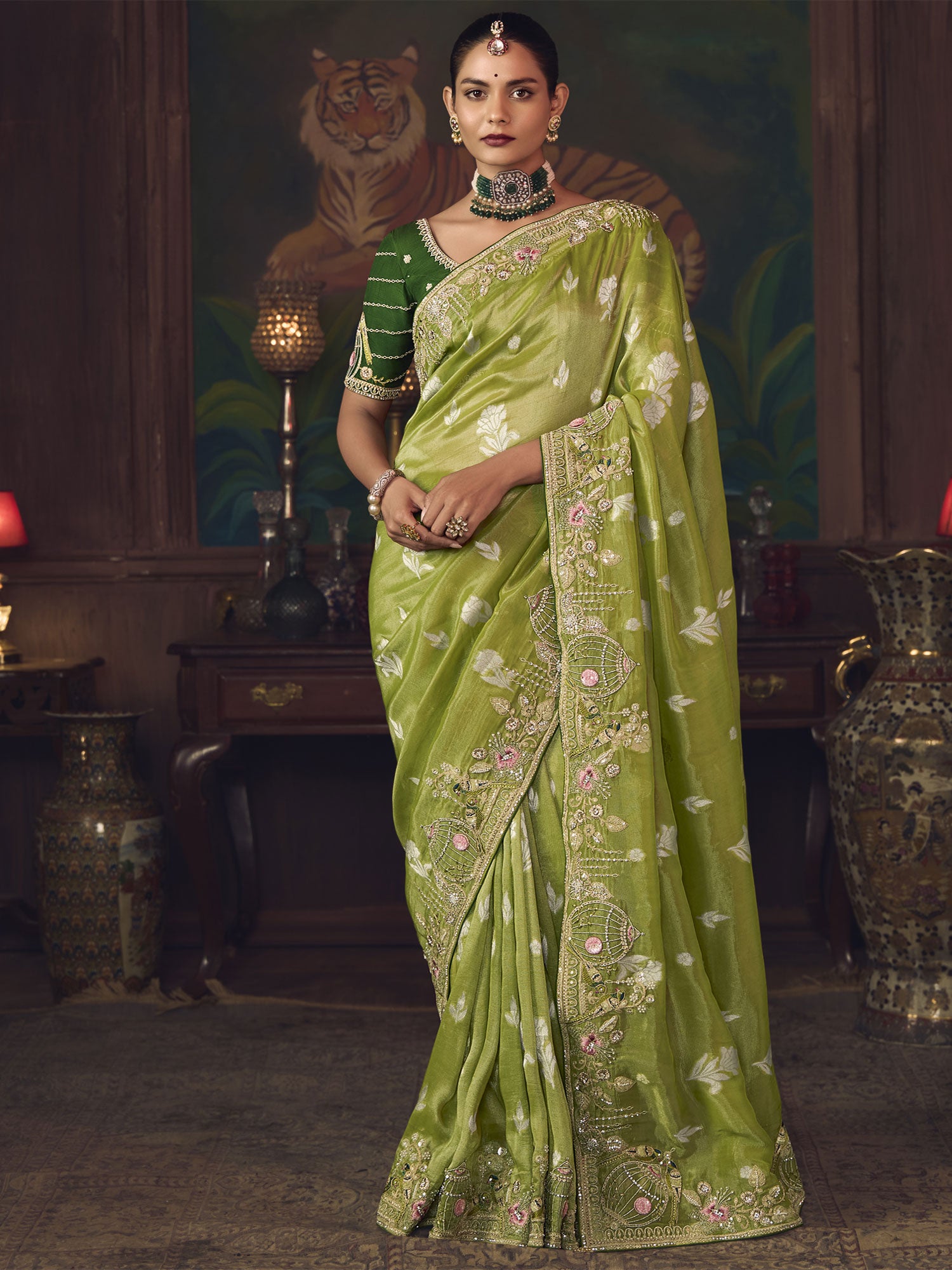 Green Floral Thread Work Festive Saree In Silk