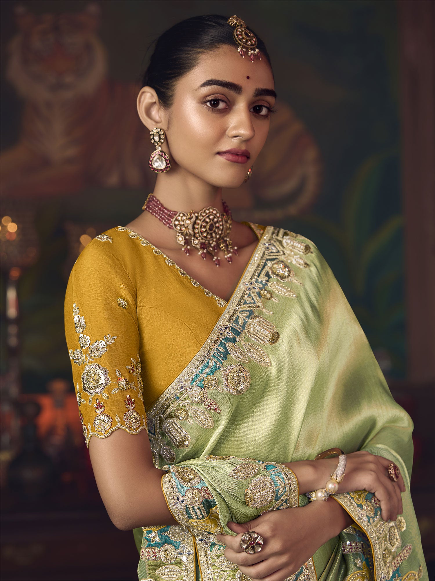 Light Green Stone Work Embellished Wedding Saree