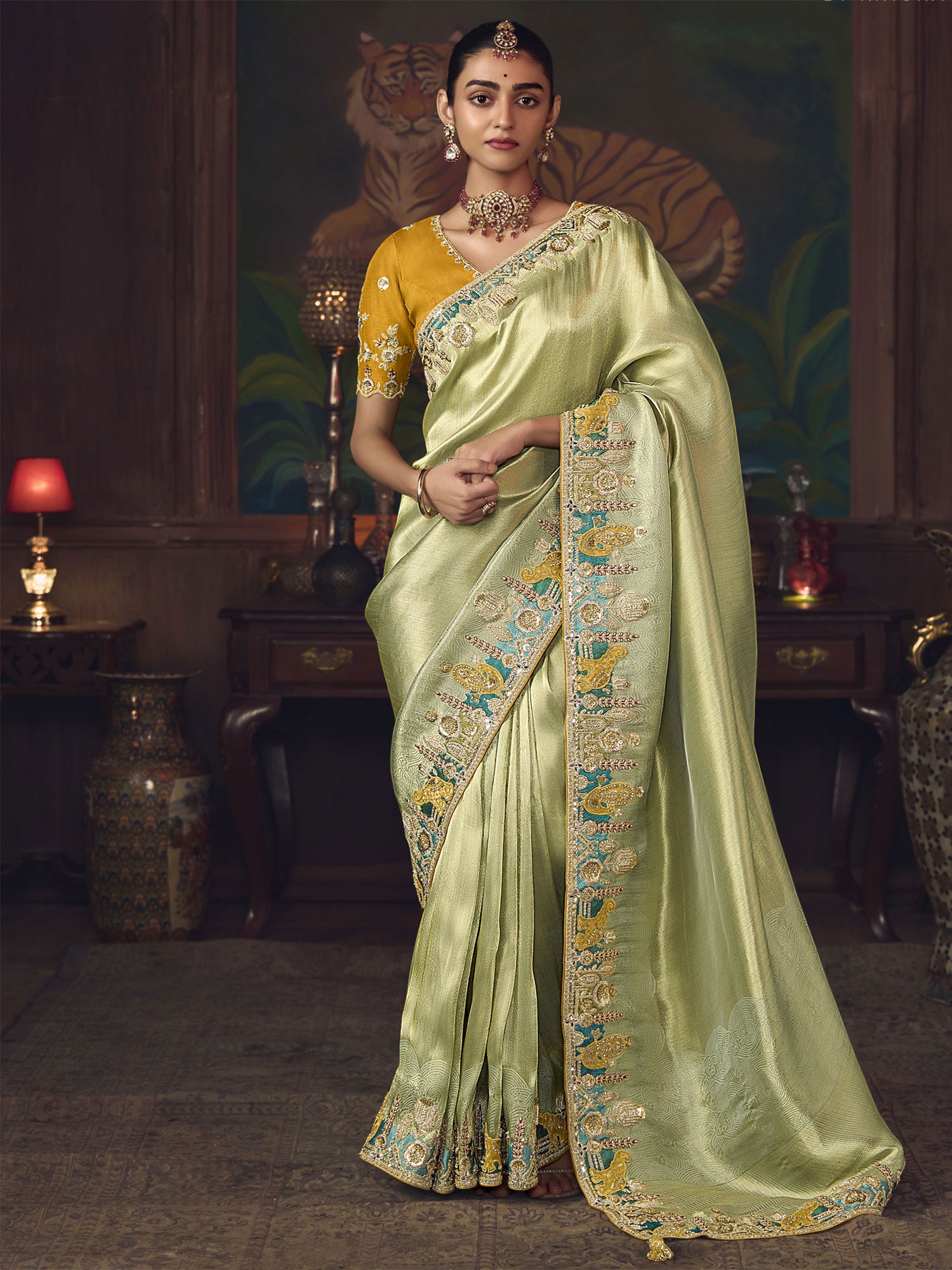 Light Green Stone Work Embellished Wedding Saree