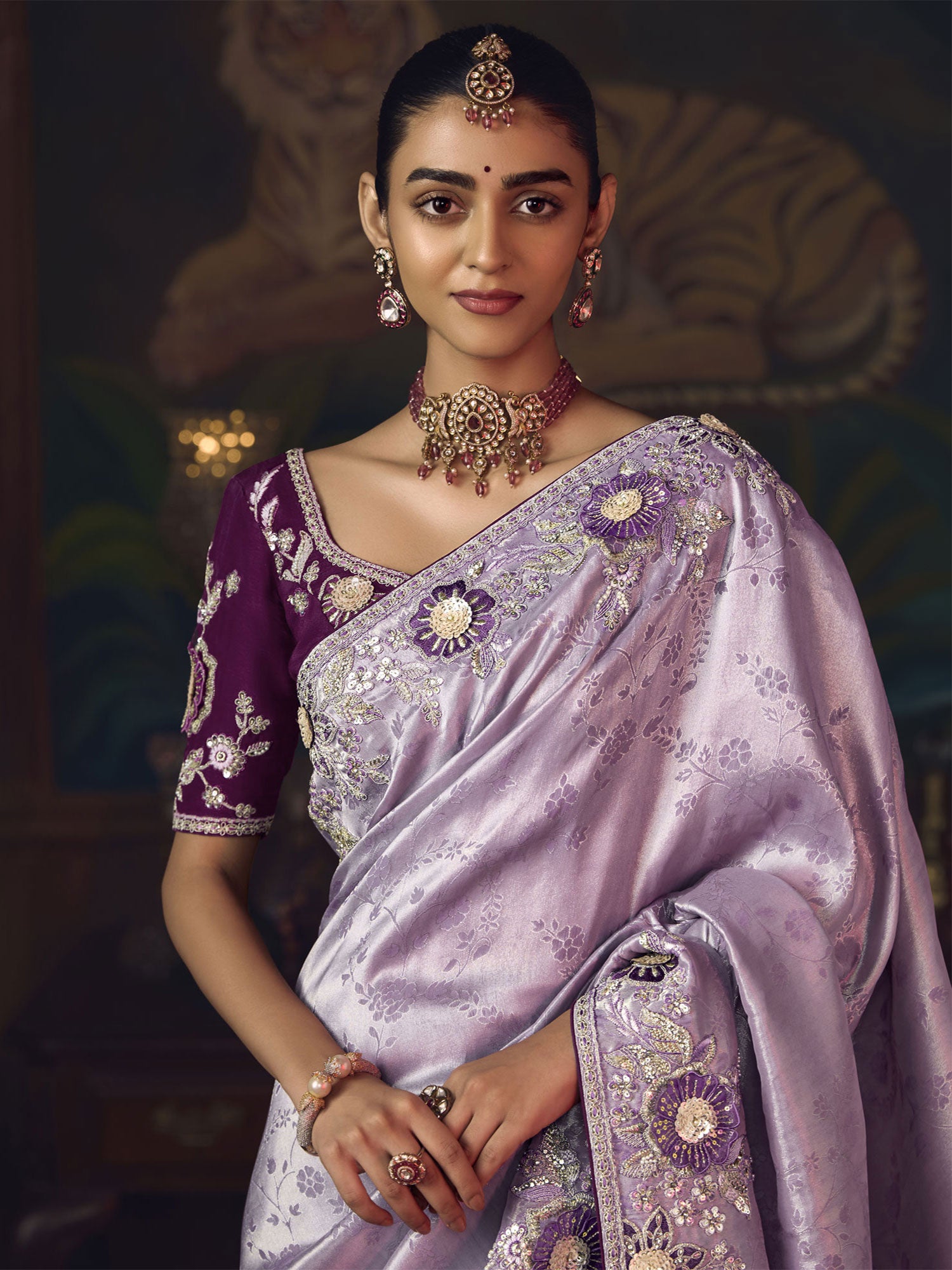 Lilac Wedding Wear Bridesmaid Saree In Floral Work