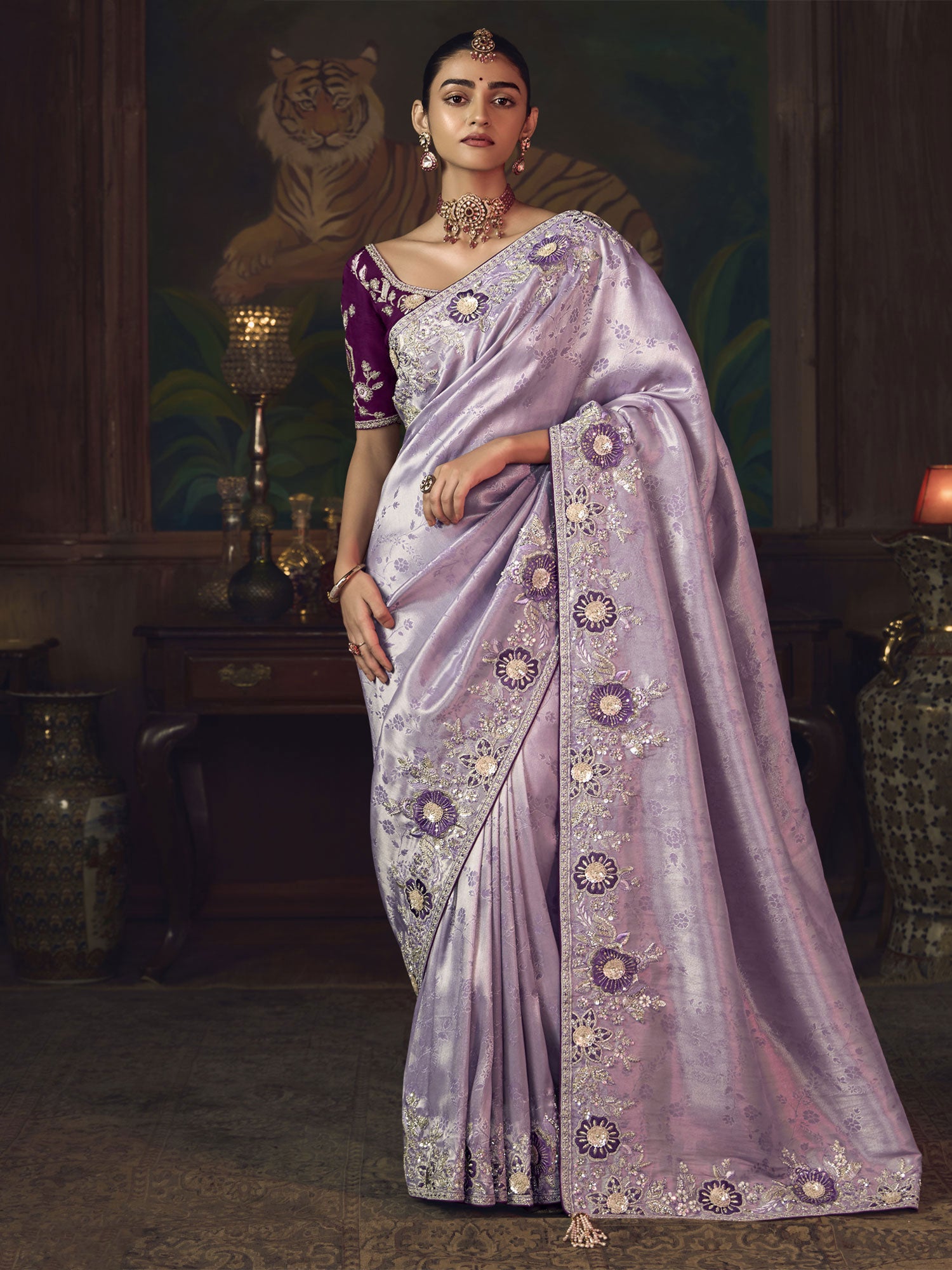 Lilac Wedding Wear Bridesmaid Saree In Floral Work