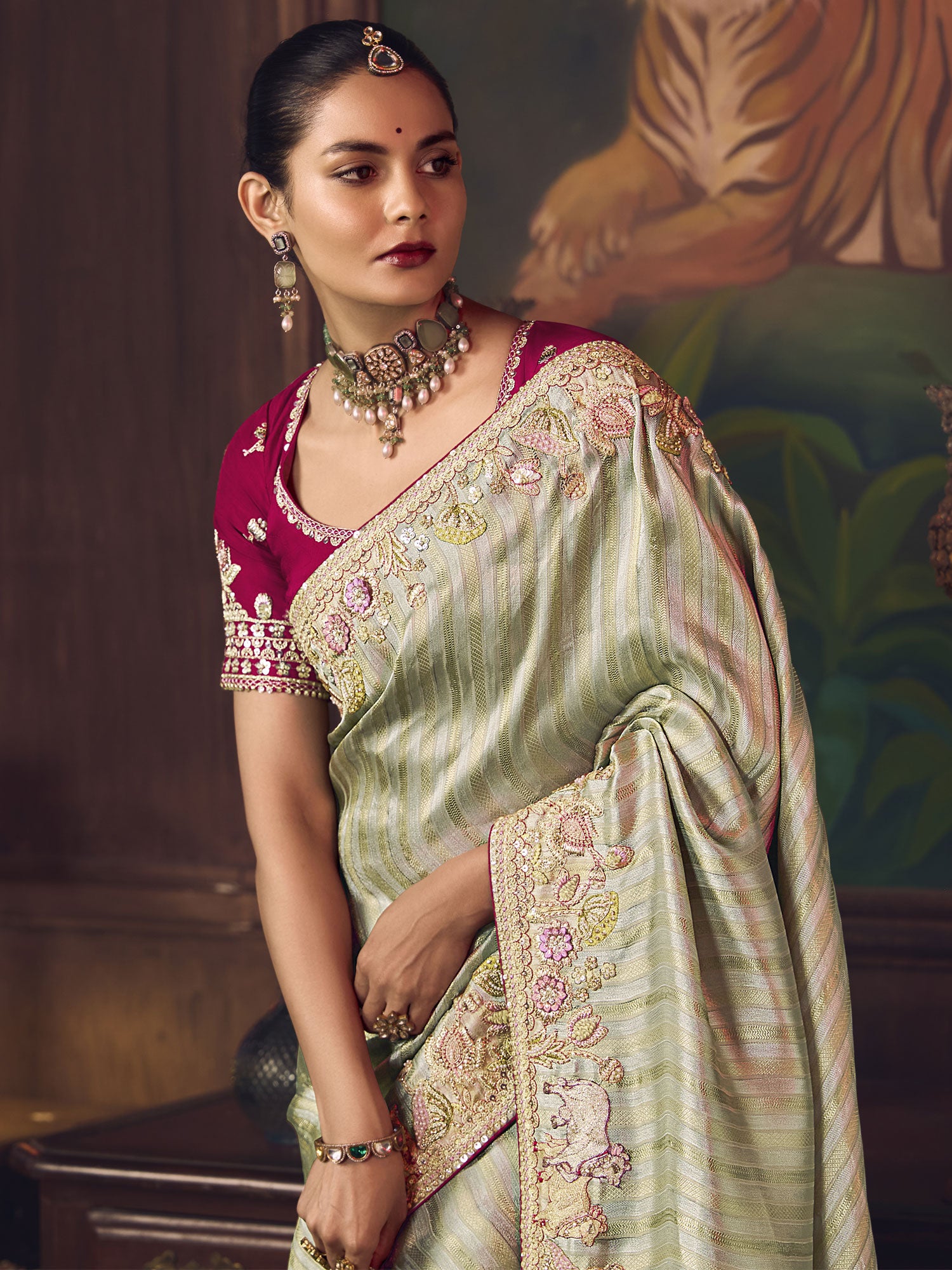 Green Wedding Saree In Silk With Heavy Borders