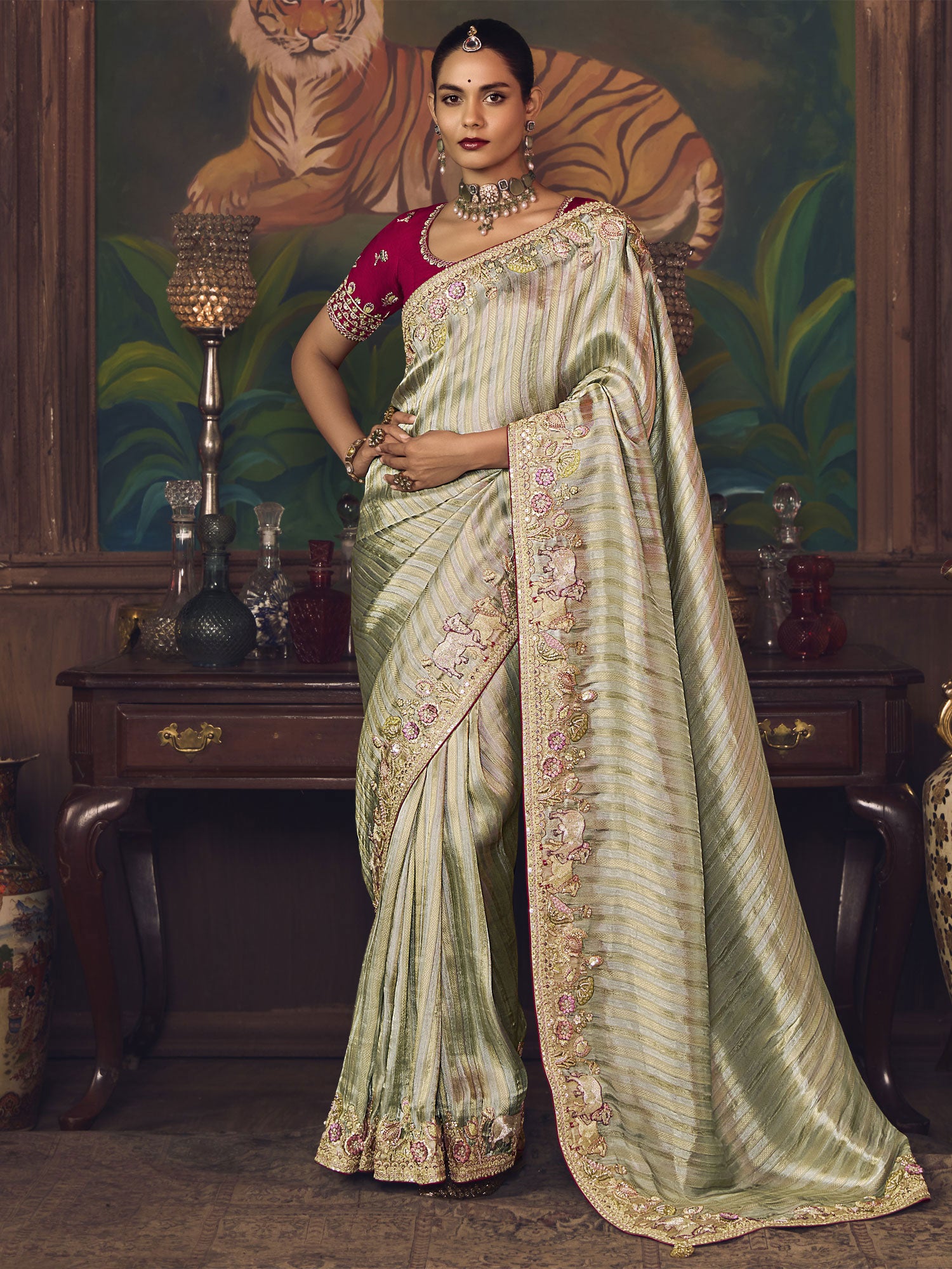 Green Wedding Saree In Silk With Heavy Borders