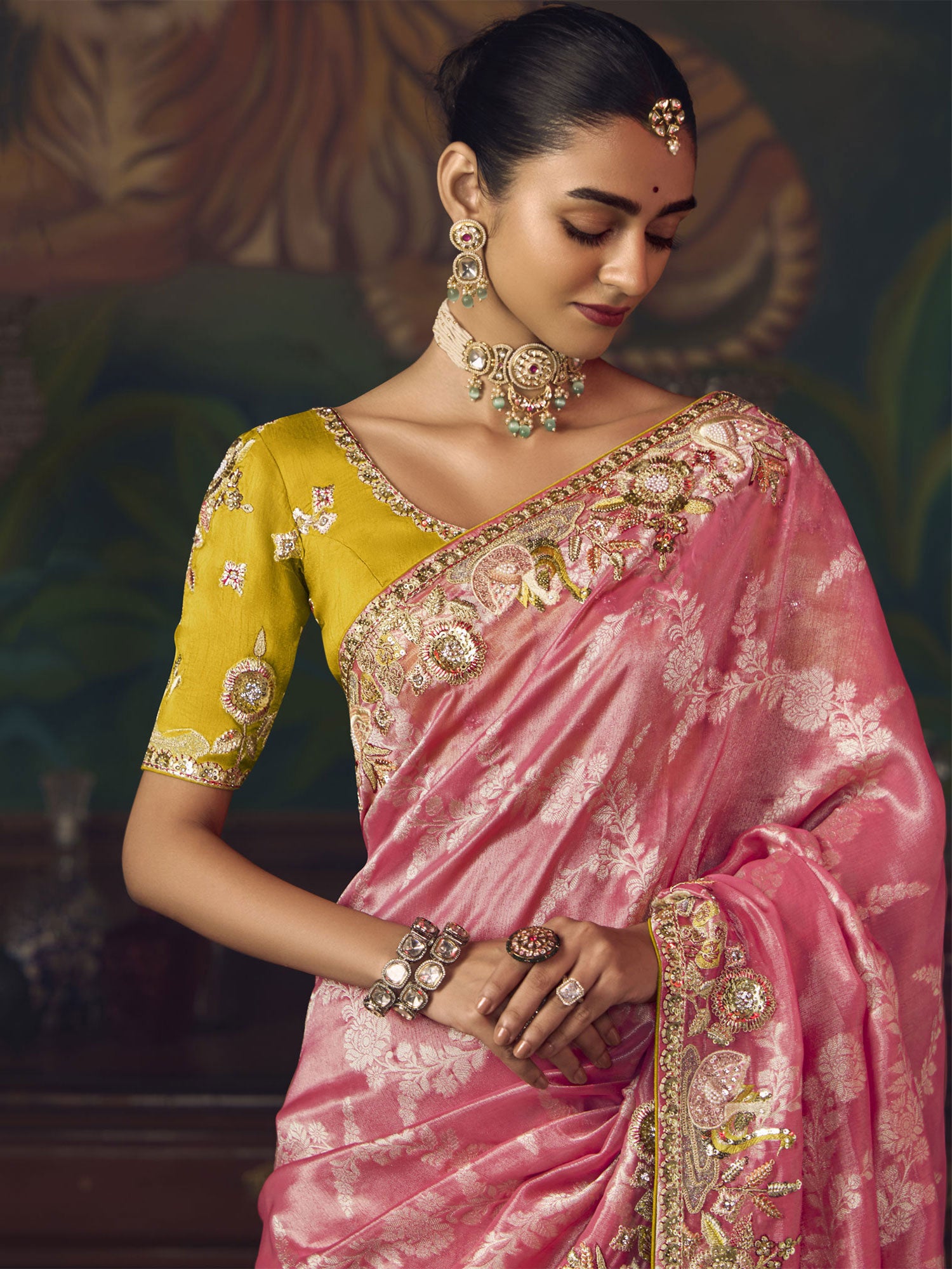 Pink Traditional Saree In Stone Work With Boluse