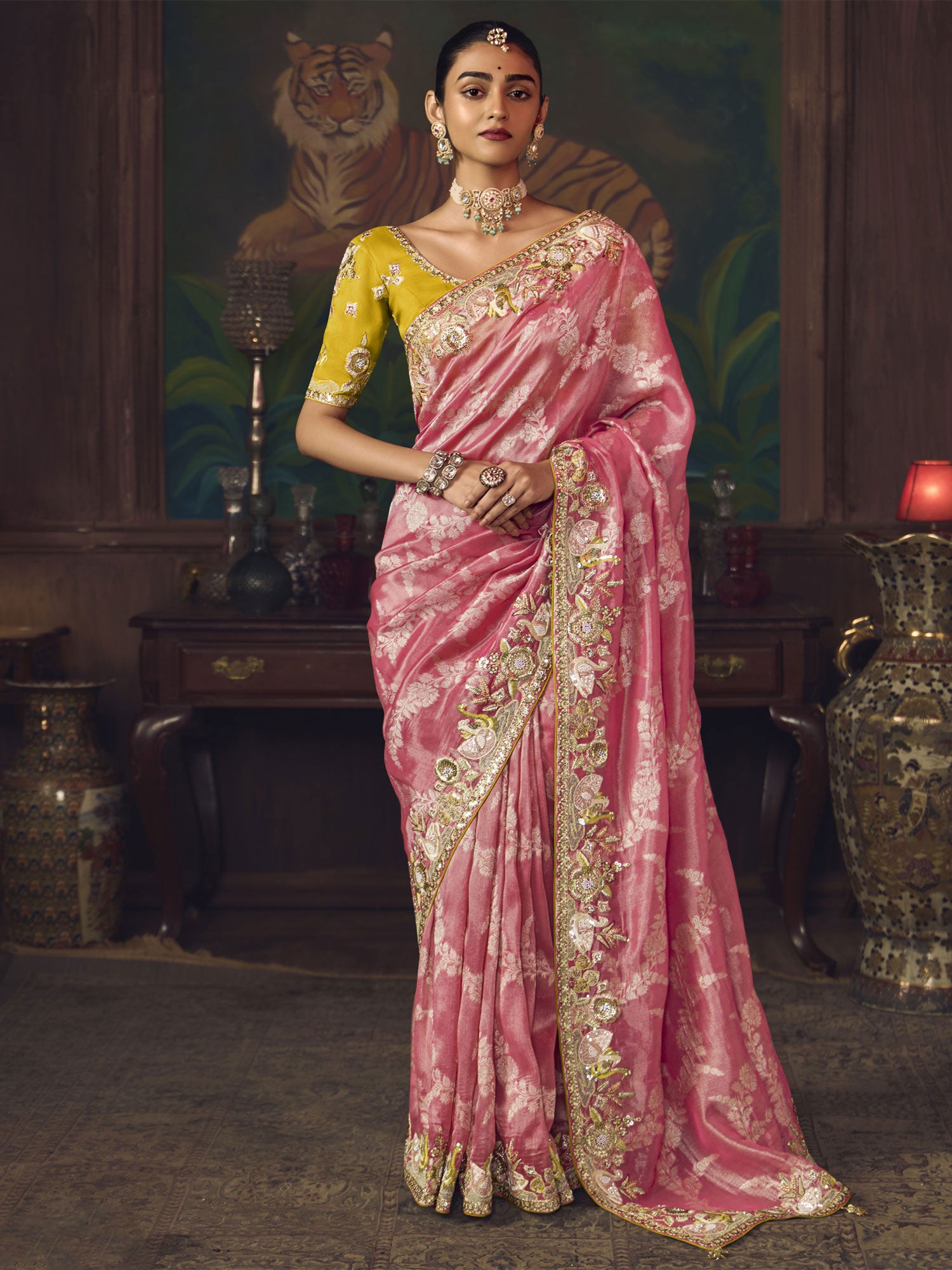 Pink Traditional Saree In Stone Work With Boluse