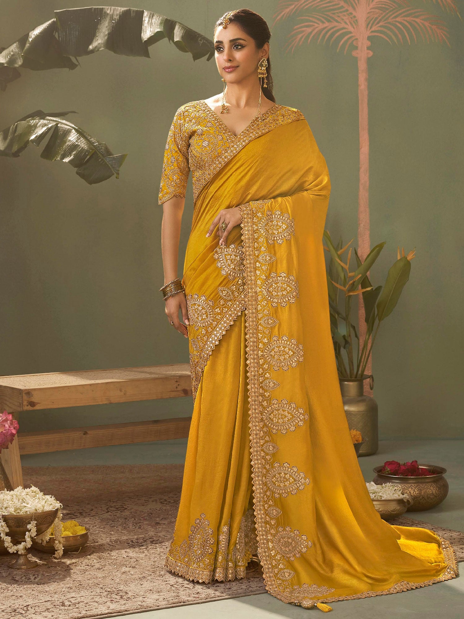 Yellow Traditional Saree With Embroidered Borders