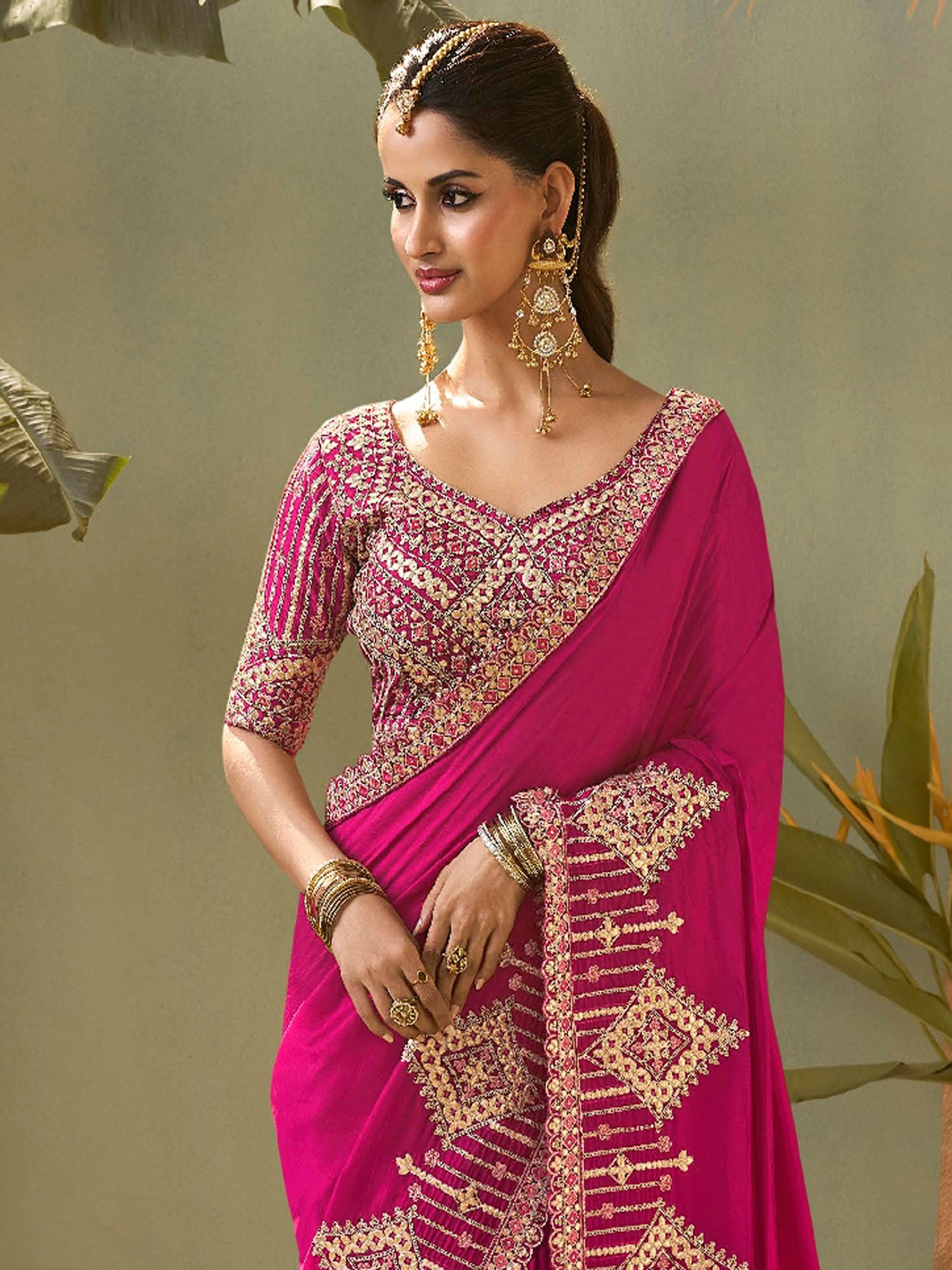 Pink Embroidered Bridal Saree With Heavy Borders