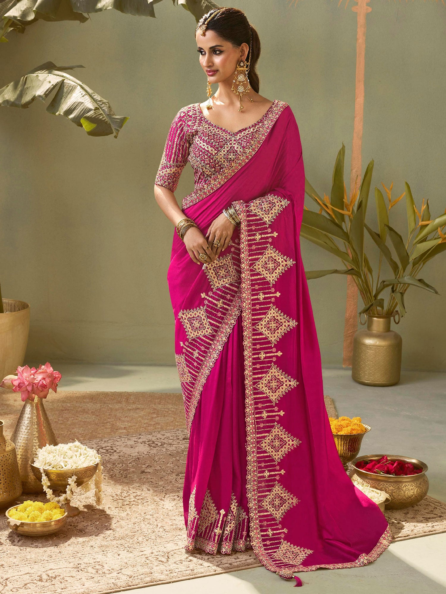 Pink Embroidered Bridal Saree With Heavy Borders