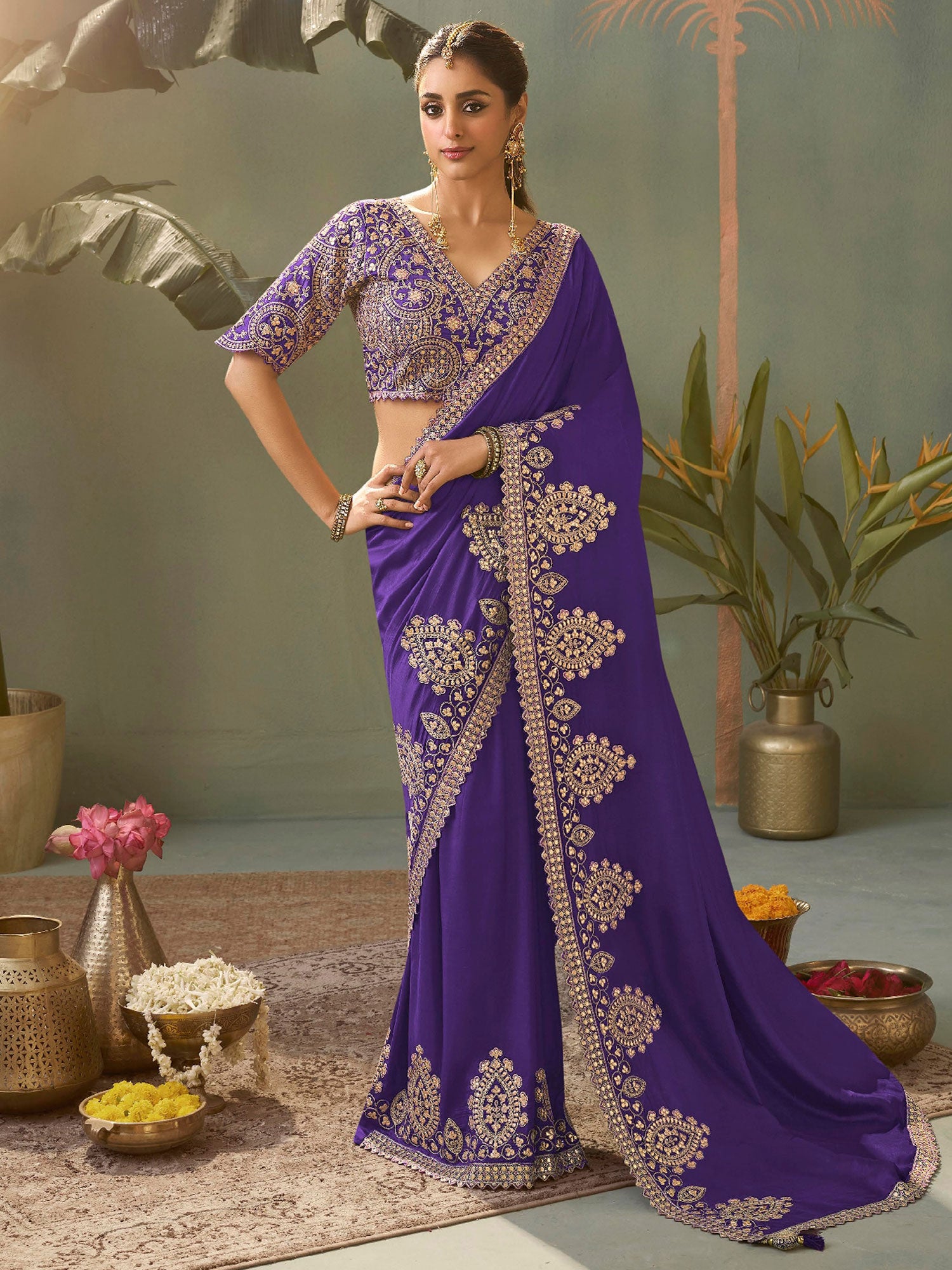 Purple Zari Work Embellished Traditional Saree In Silk