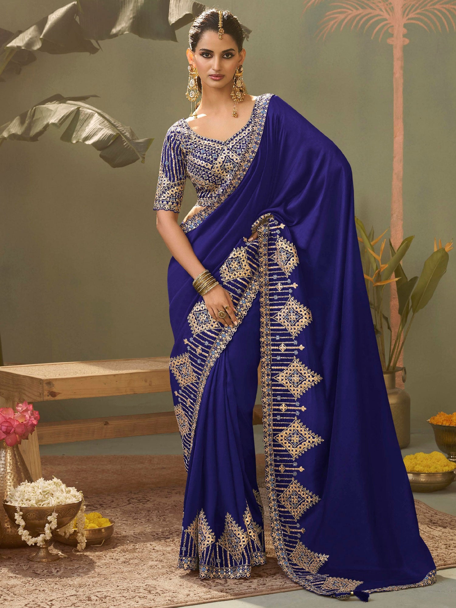 Blue Wedding Wear Saree With Embroidered Borders
