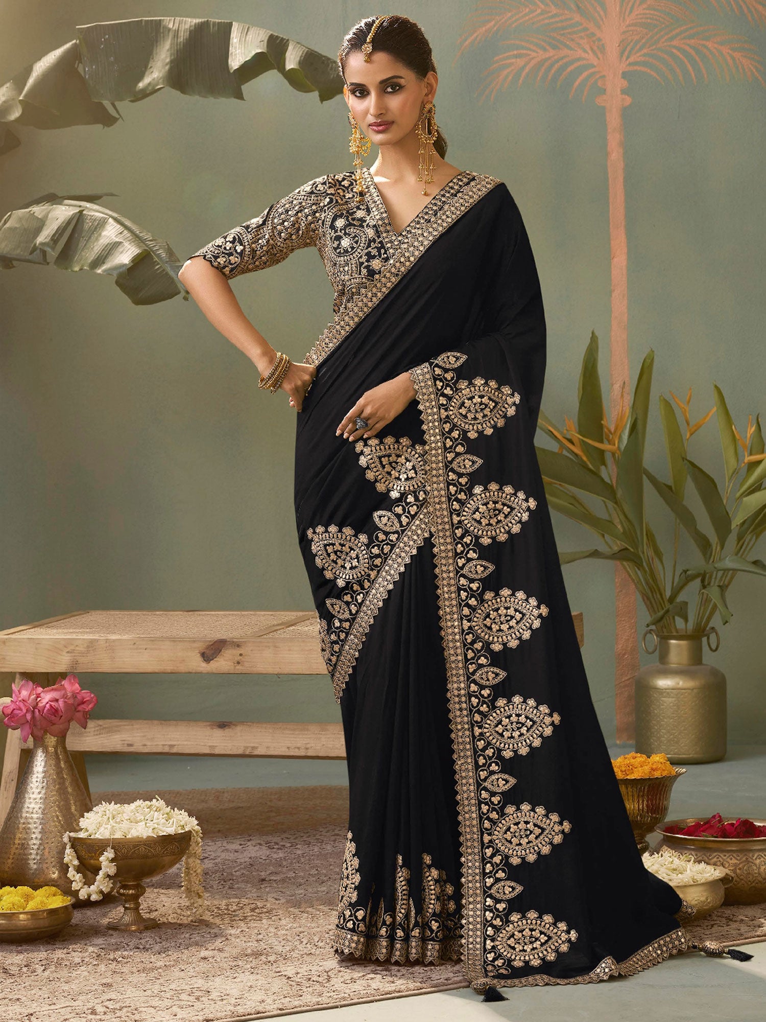 Black Zari Embroidered Cocktail Saree With Blouse