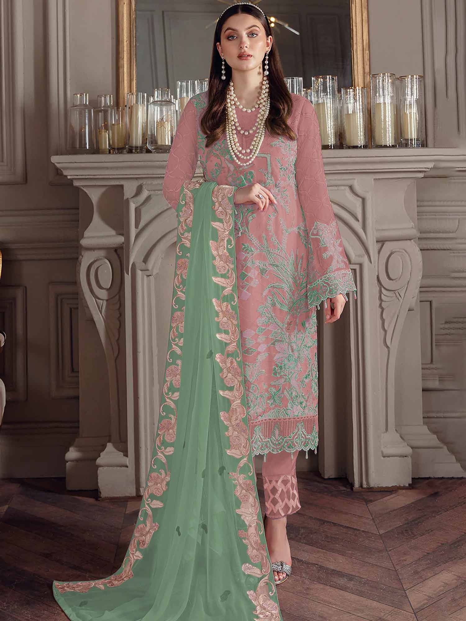 Peach Pant Style Suit Set In Georgette