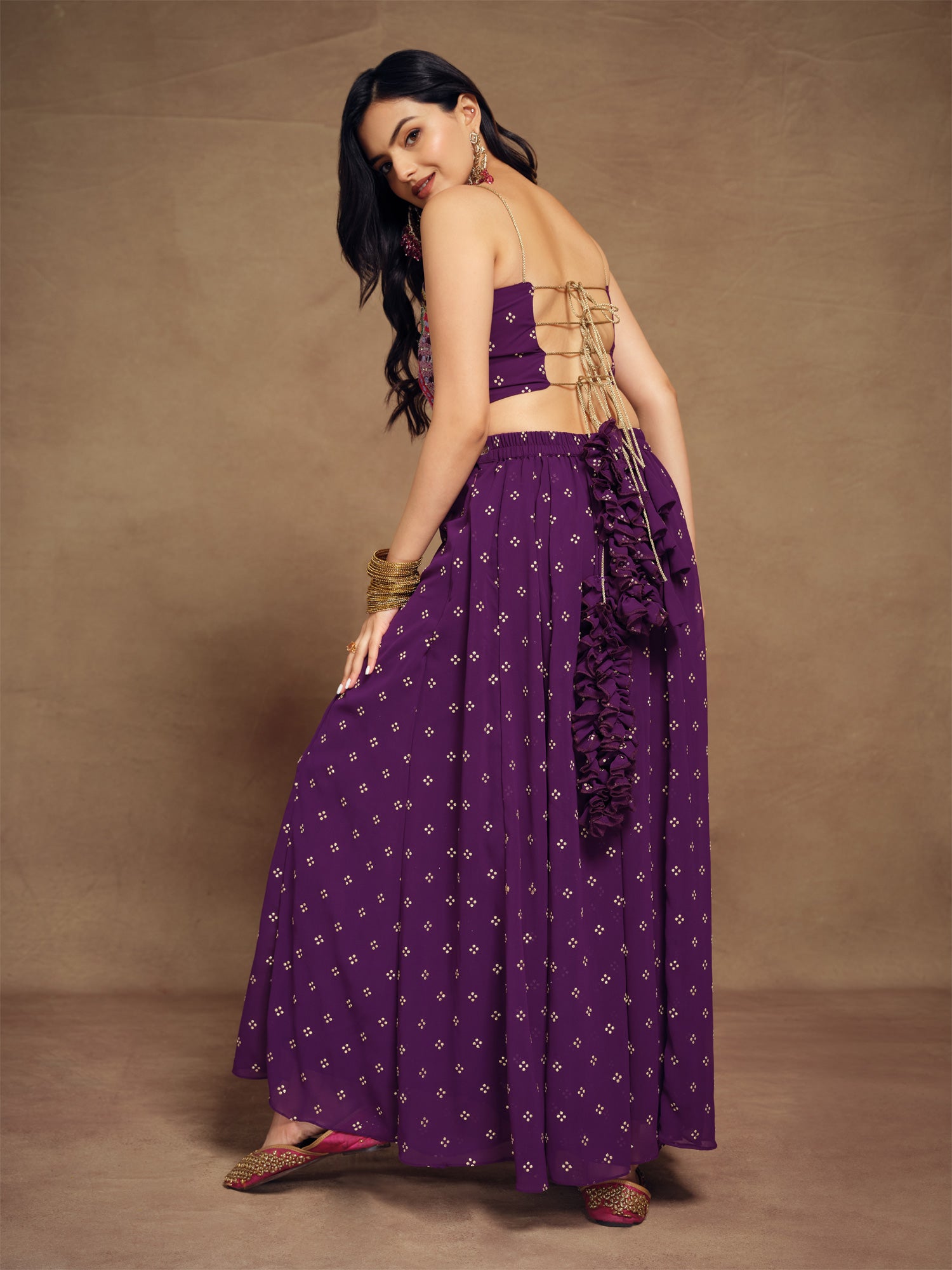 Violet Purple Embroidered Top With Skirt In Georgette