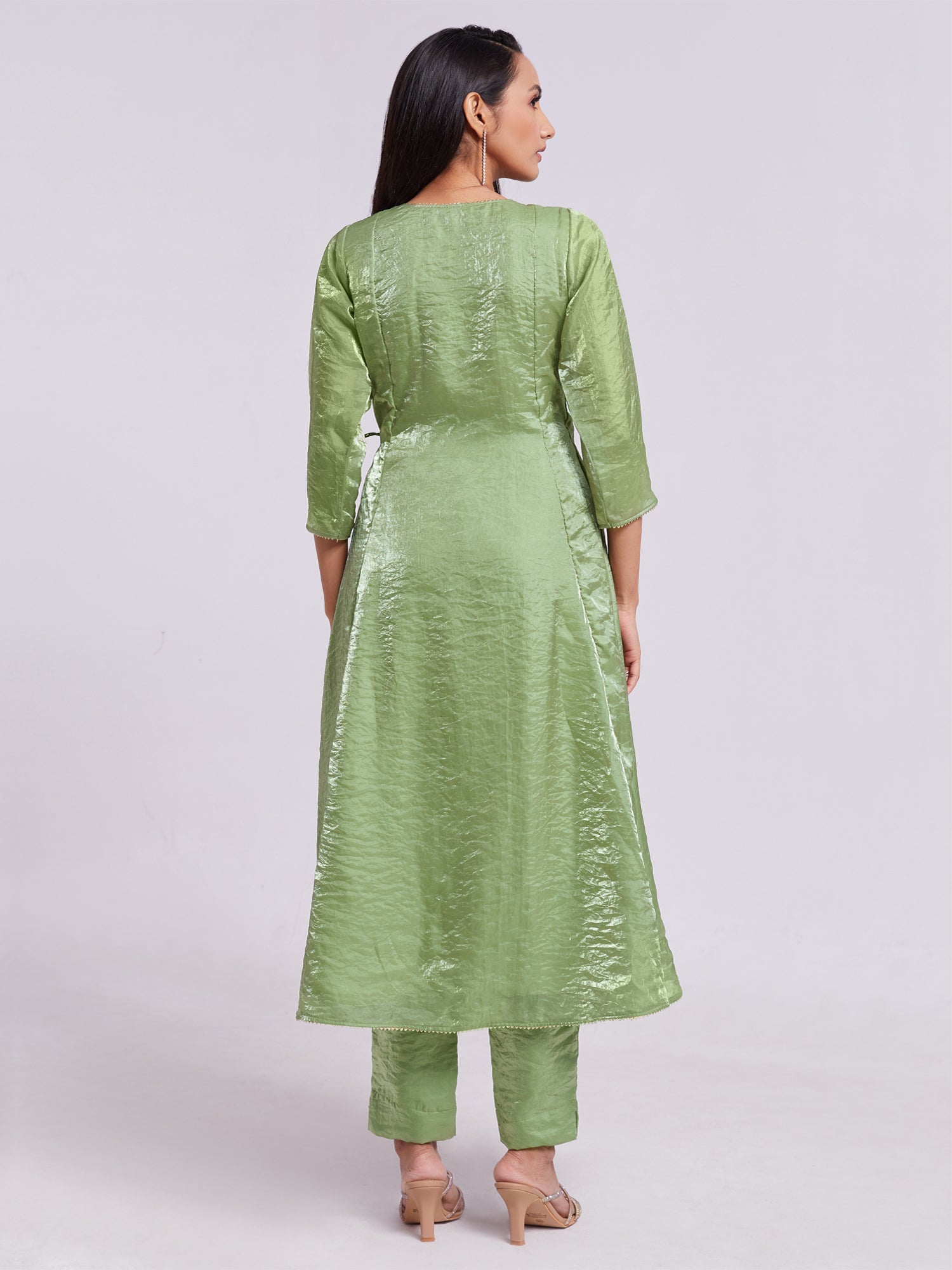 Pista Green Aline Kurta Set In Organza