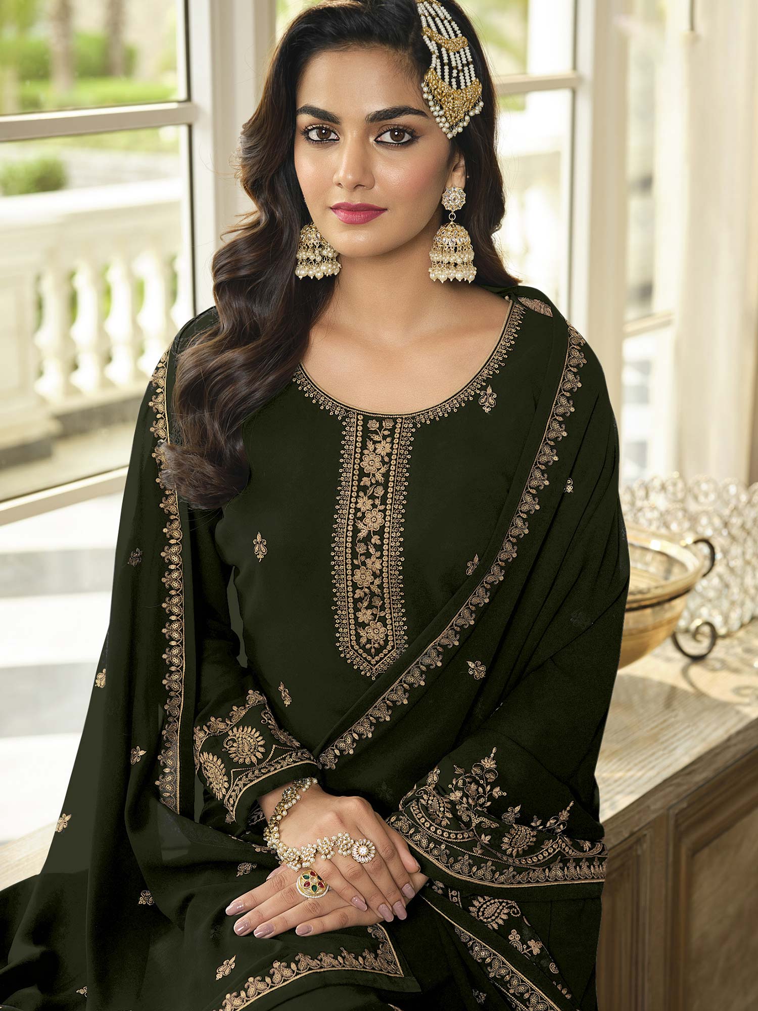 Green Pakistani Sharara Suit With Embroidery
