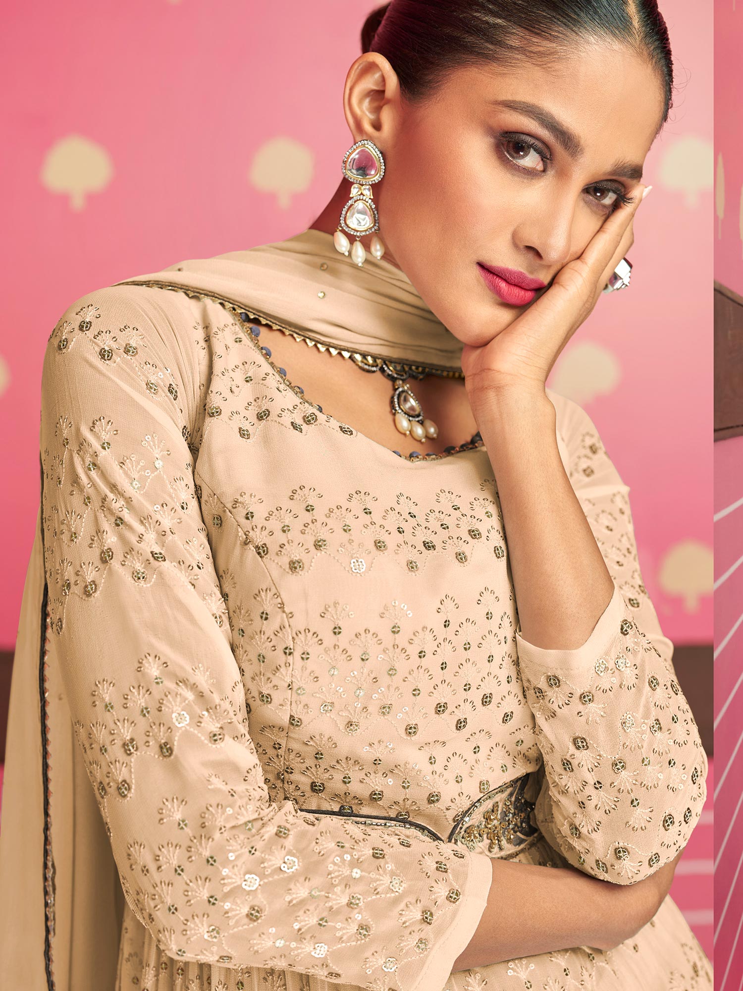 Beige Embroidered Gathered Suit With Dupatta