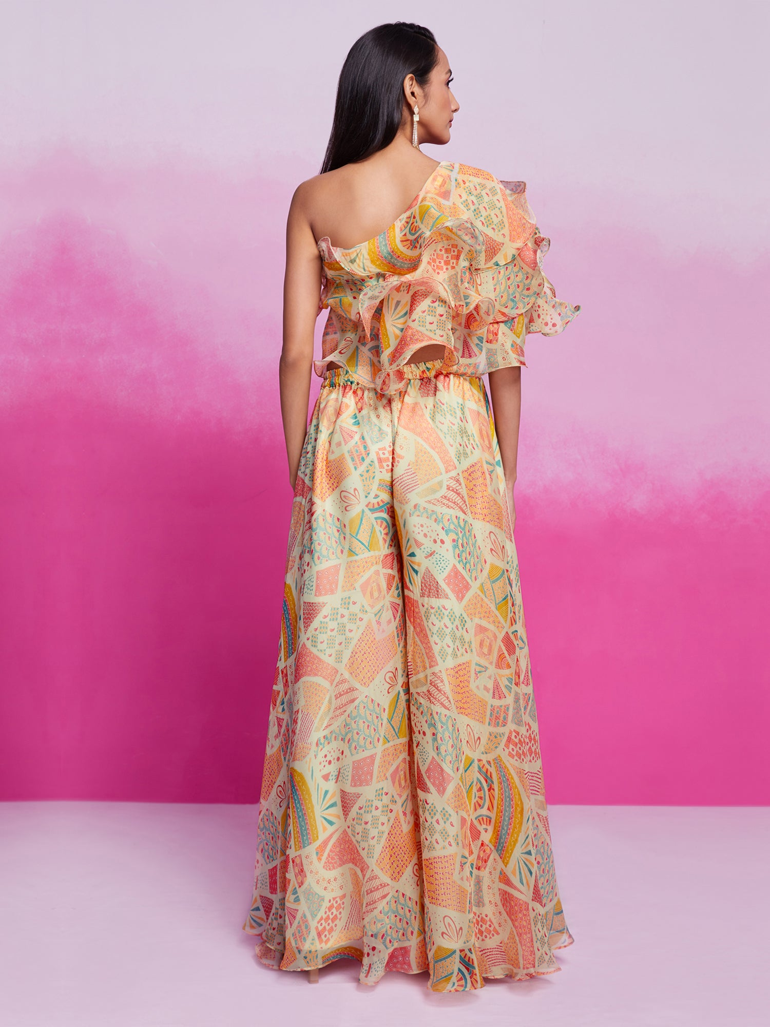 Cream Printed Top With Palazzo In Organza