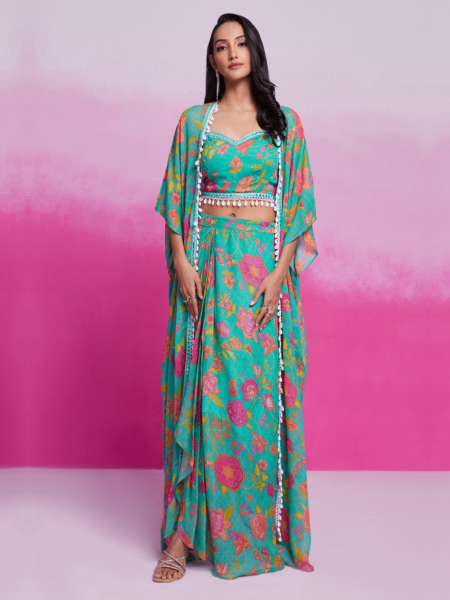 Turquoise Georgette Co-Ord Set With Shrug