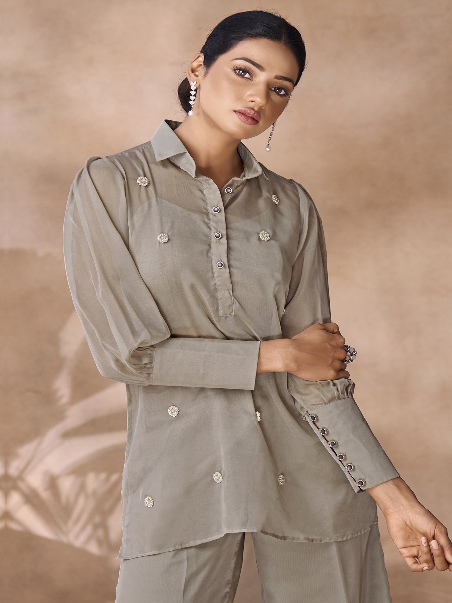 Stone Grey Embroidered Co-Ord Set For Womens