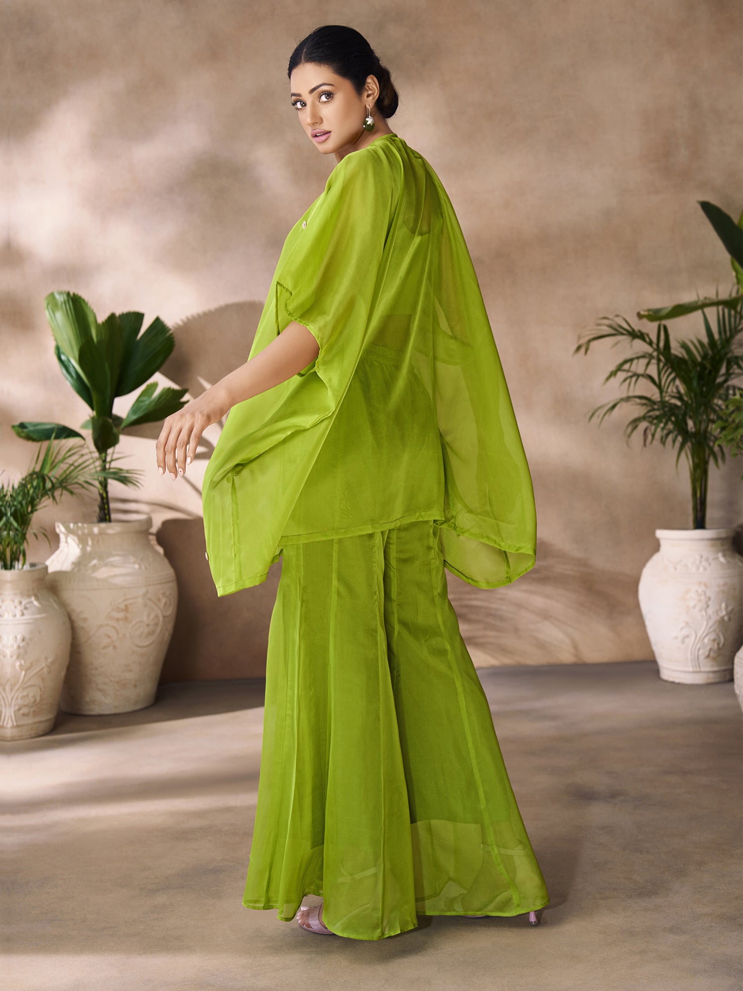 Green Top And Palazzo With Embroidered Cape