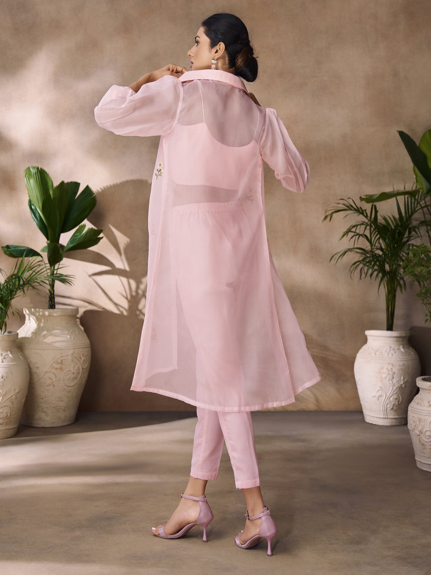 Baby Pink Floral Work Dress With Shurg