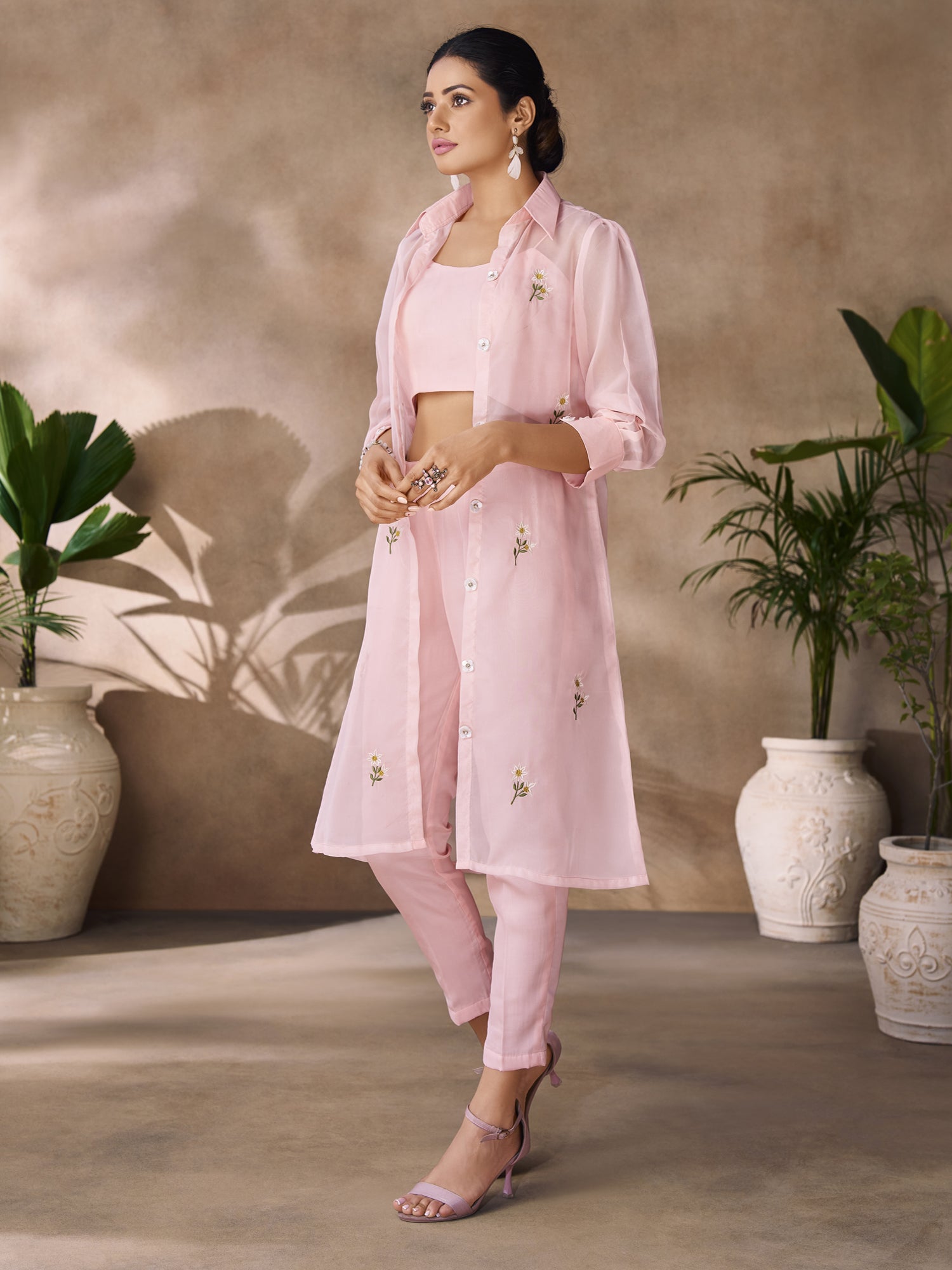 Baby Pink Floral Work Dress With Shurg