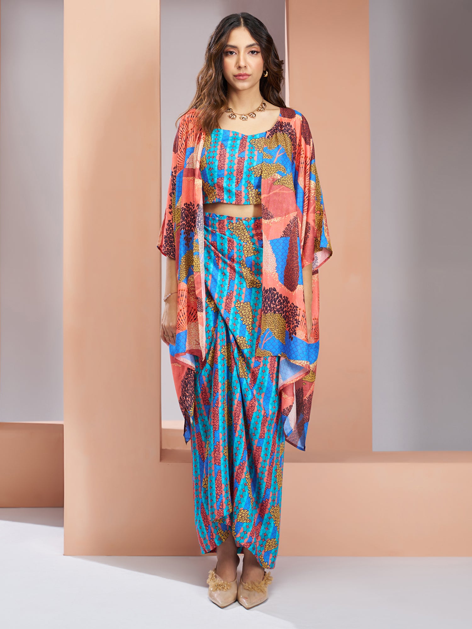Blue Printed Top And Shurg With Skirt