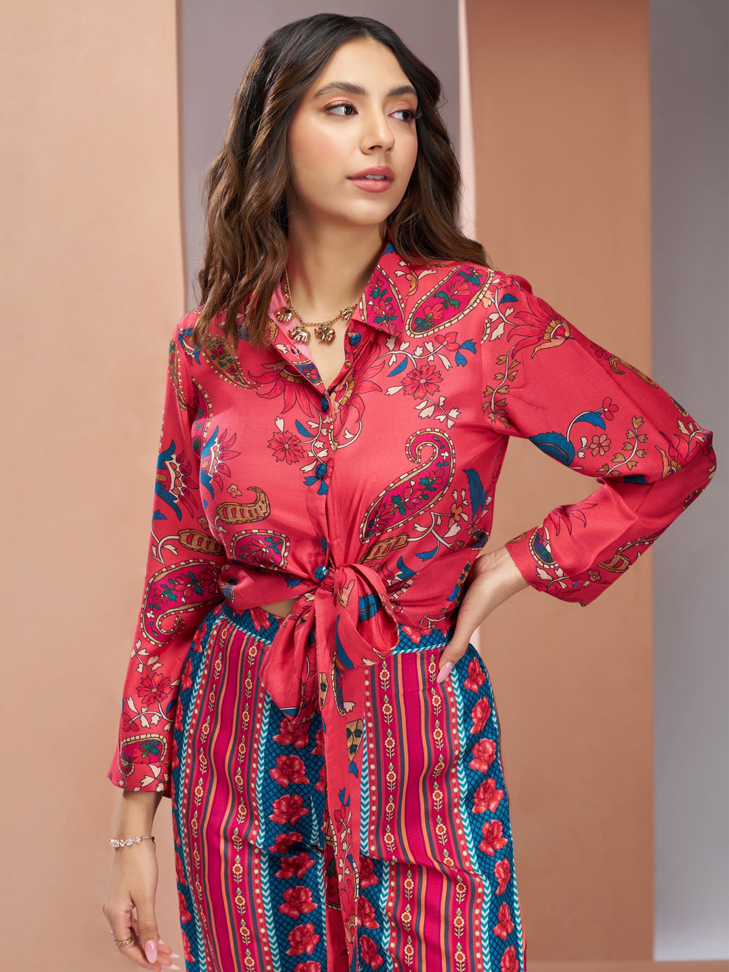 Red Muslin Silk Co-Ord Set In Print